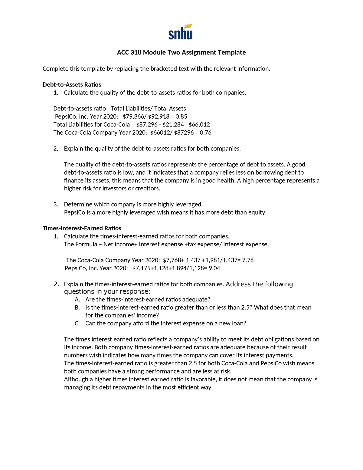 ACC 318 Module Two Assignment - Debt-to-Assets Ratios 1. Calculate The ...