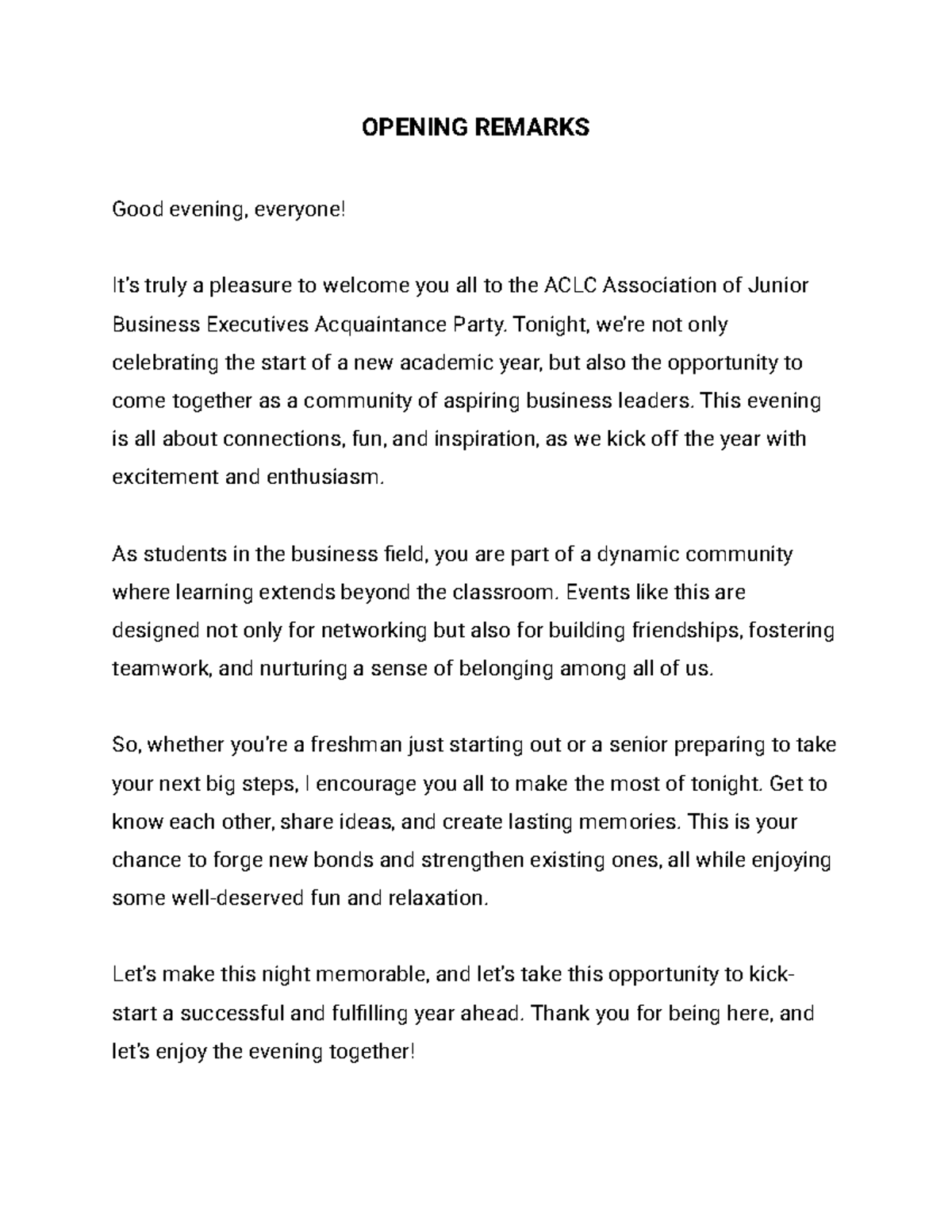 Opening Remarks Speech Opening Remarks Good Evening Everyone It S