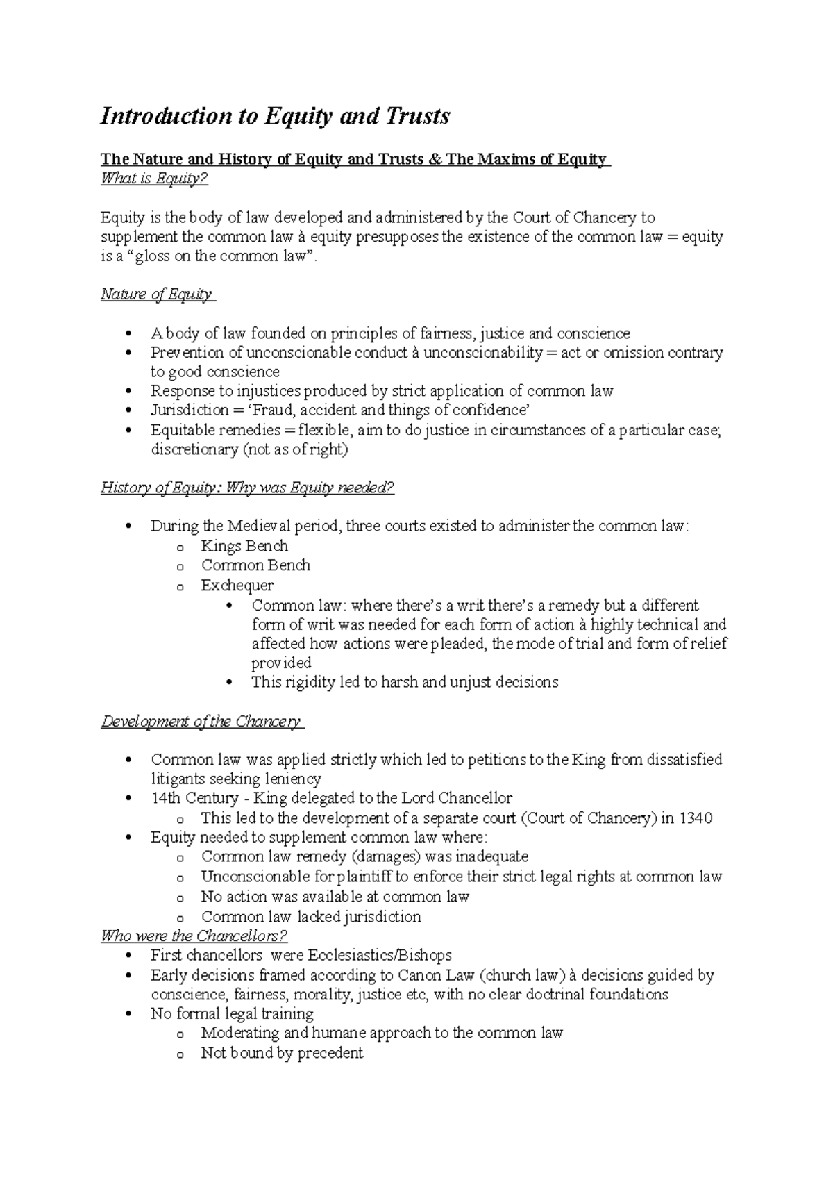 Week 1 Lecture - Introduction to Equity and Trusts The Nature and ...