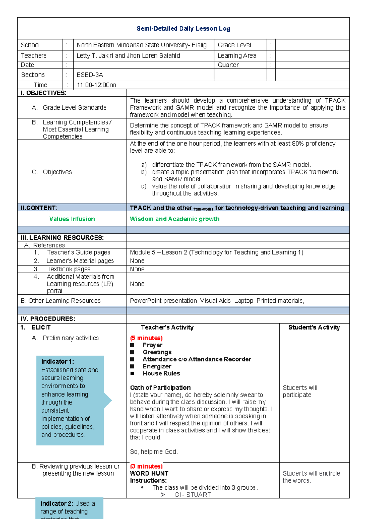 tpack framework - Semi-Detailed Daily Lesson Log School : North Eastern ...