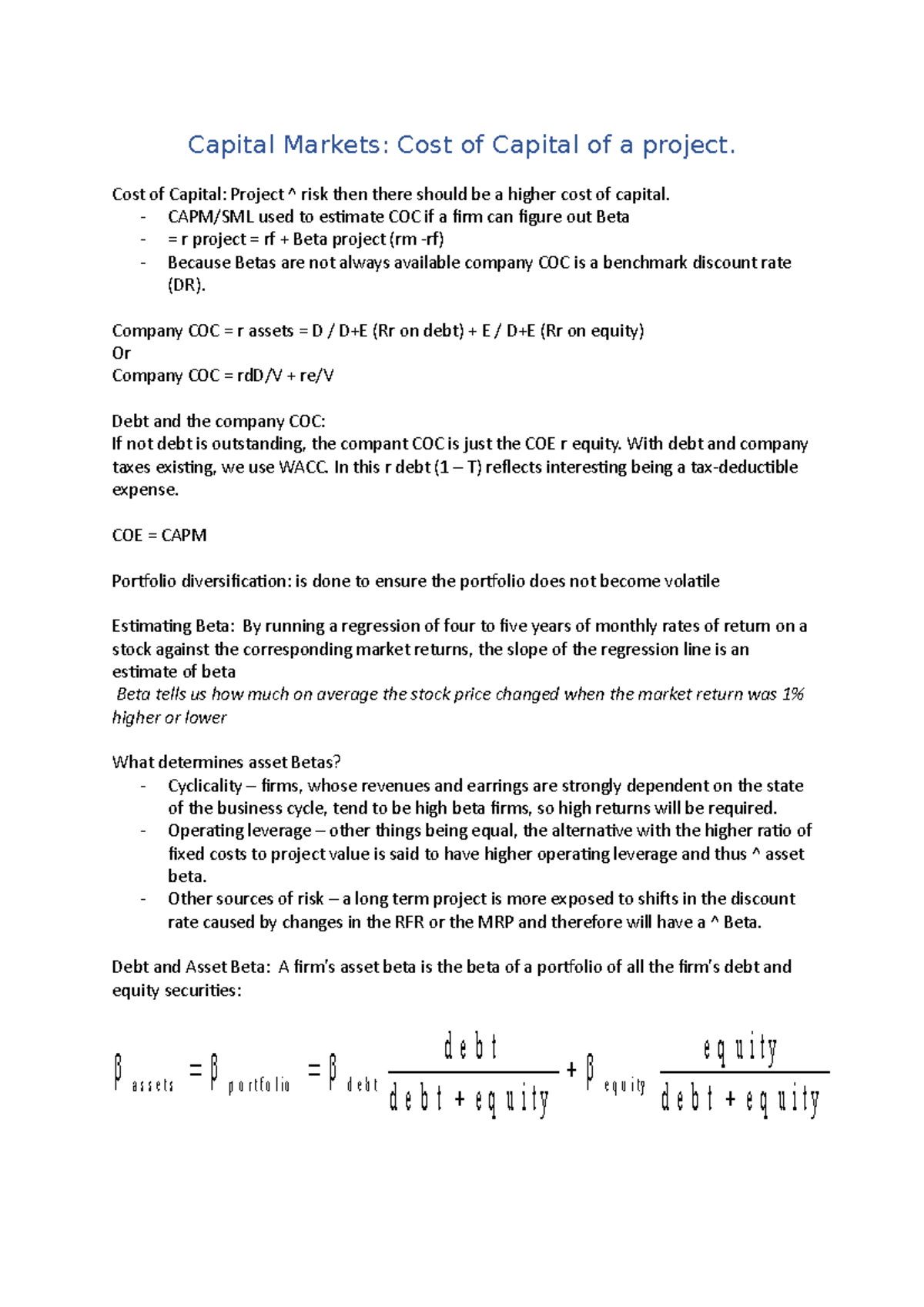 Capital Markets (COC of a project) Capital Markets Cost of Capital of a project. Cost of