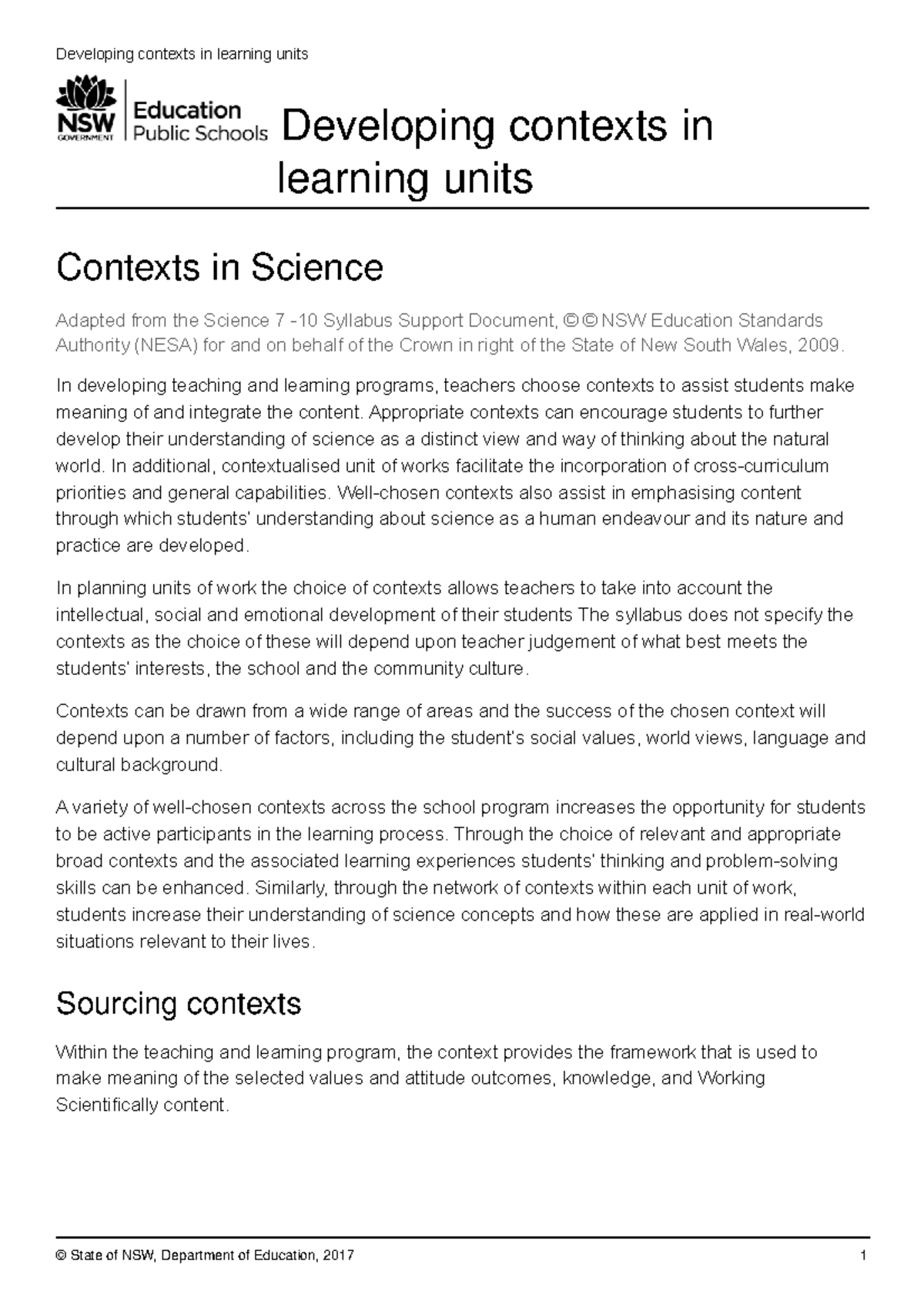 Developing contexts learning units - Devel opi ng cont ext s in lear ...