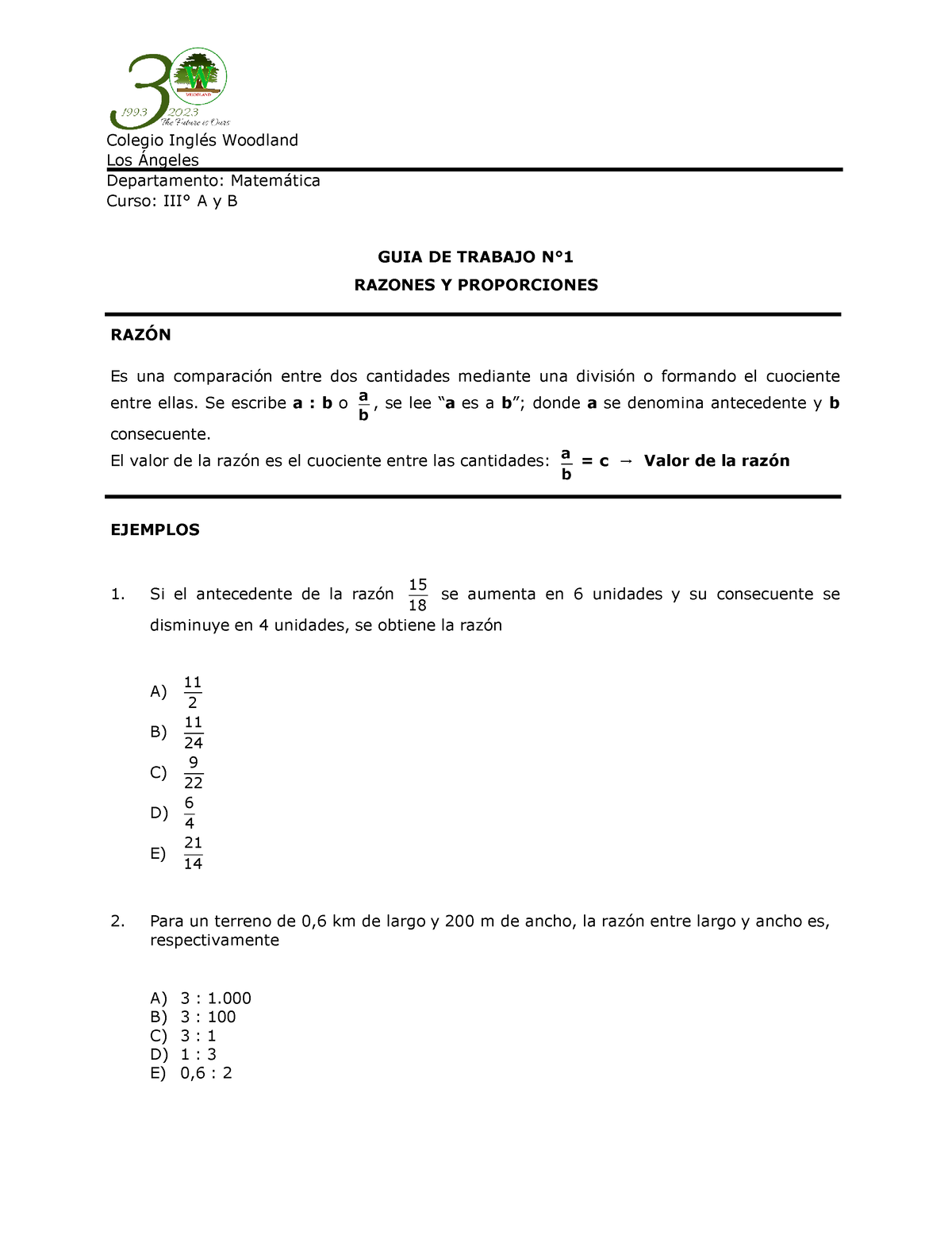 Razones Y Proporciones 1 Guia De Trabajo N° 1 Razones Y Proporciones Raz”n Es Una ComparaciÛn 1909