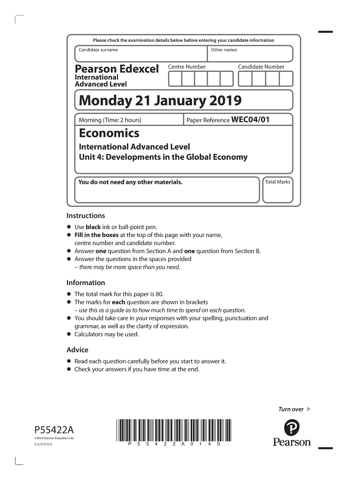 IAL Jan 2019 WEC04 01 P55422A0140 Turn over Candidate surname