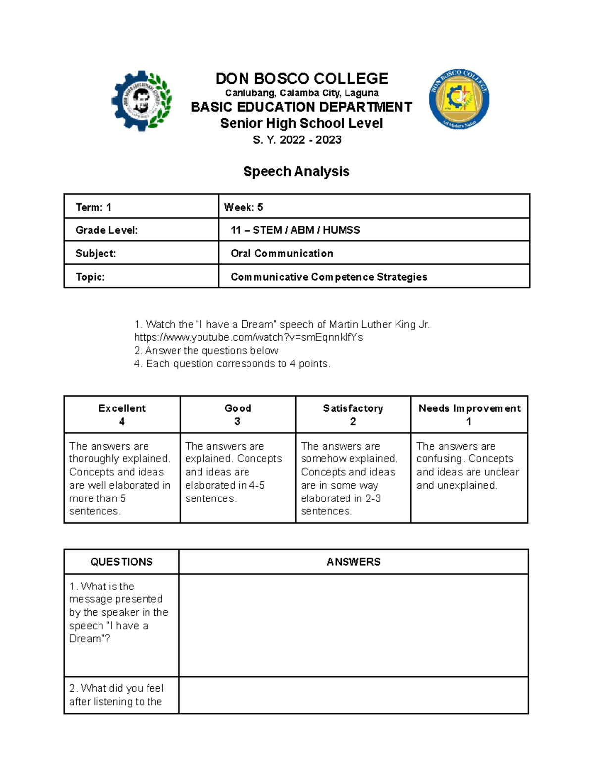 SHS22-23 OC CA Wk5L1 Speech-Analysis - DON BOSCO COLLEGE Canlubang ...