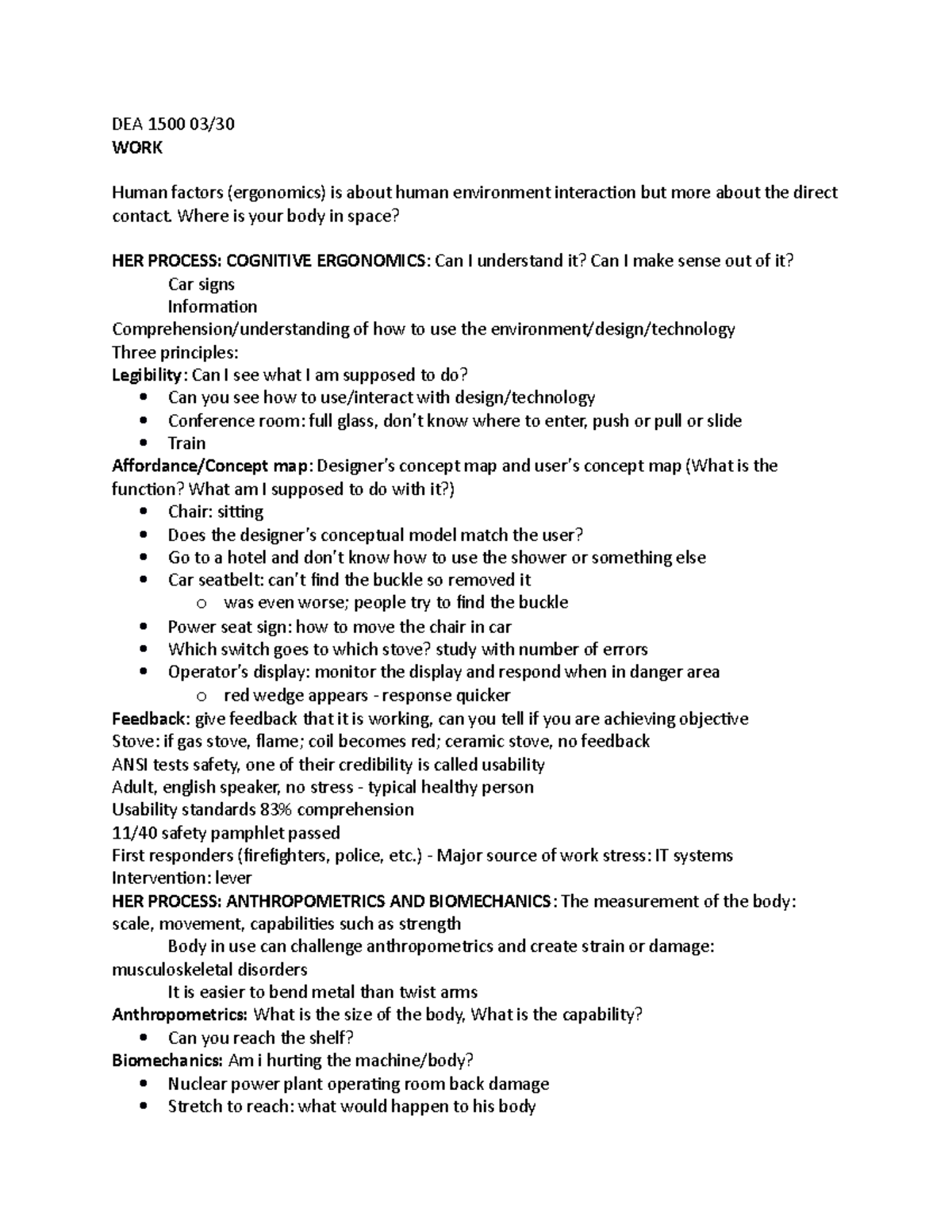 Dea 1500 - Lecture Notes 19 - Dea 1500 Work Human Factors (ergonomics 