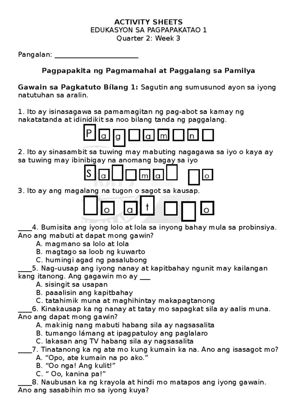 Esp 1 Activity Sheet Q2 W3 - Activity Sheets Edukasyon Sa Pagpapakatao 