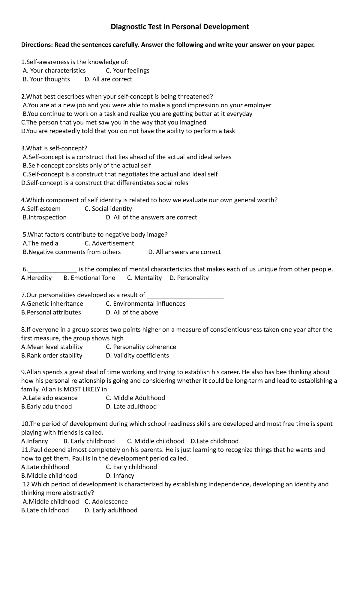 Diagnostic Test In Personal Development Diagnostic Test In Personal 