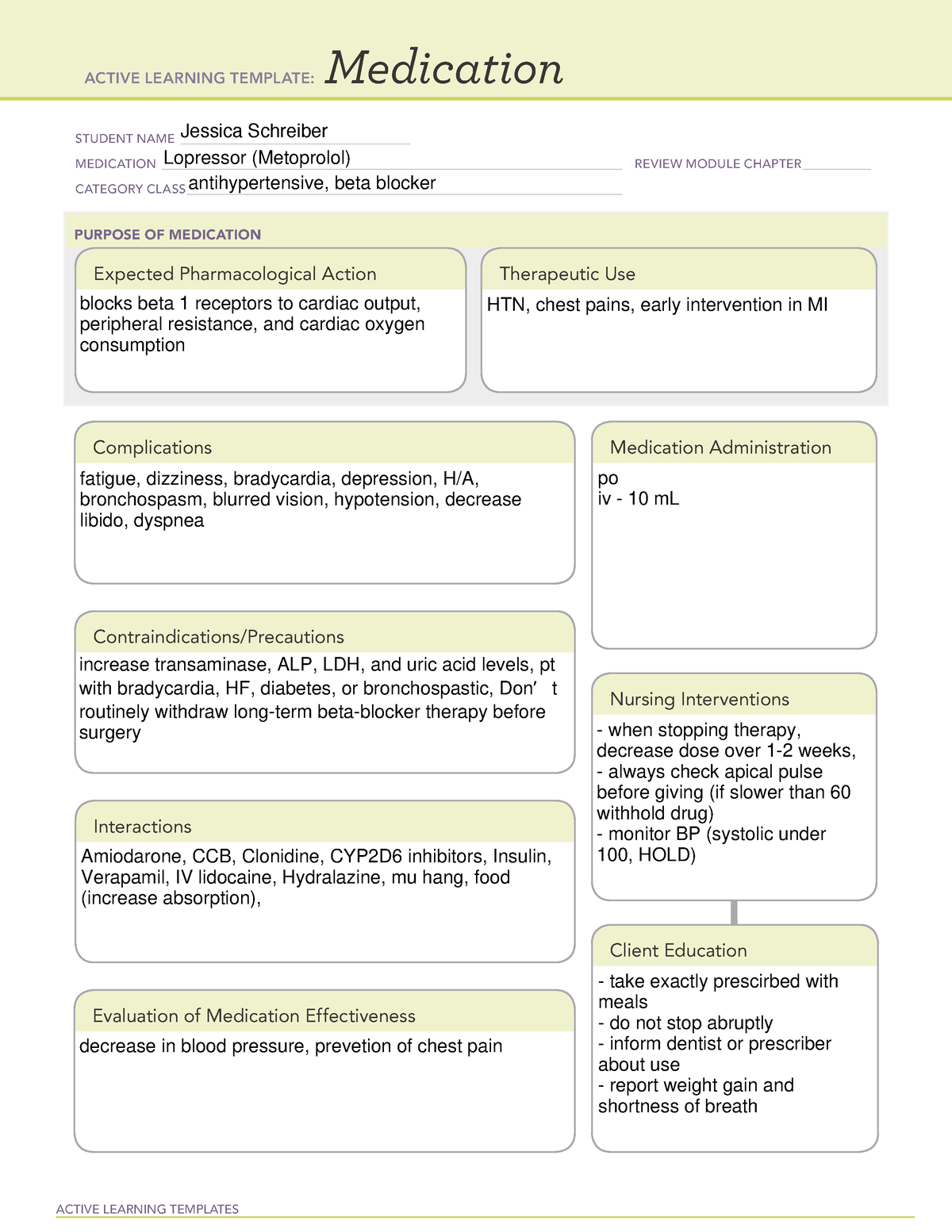 Lopressor (metoprolol) med sheet ATI ACTIVE LEARNING TEMPLATES