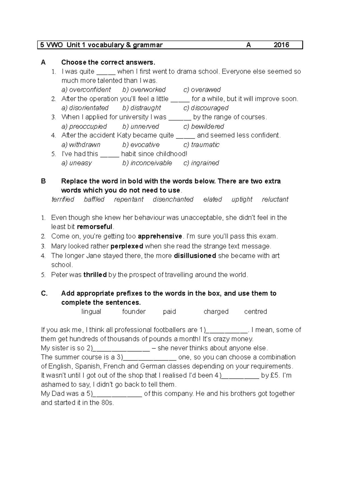 1617 5V Unit 1 A Toets 5 VWO Unit 1 Vocabulary Grammar A 2016 A Choose The Correct