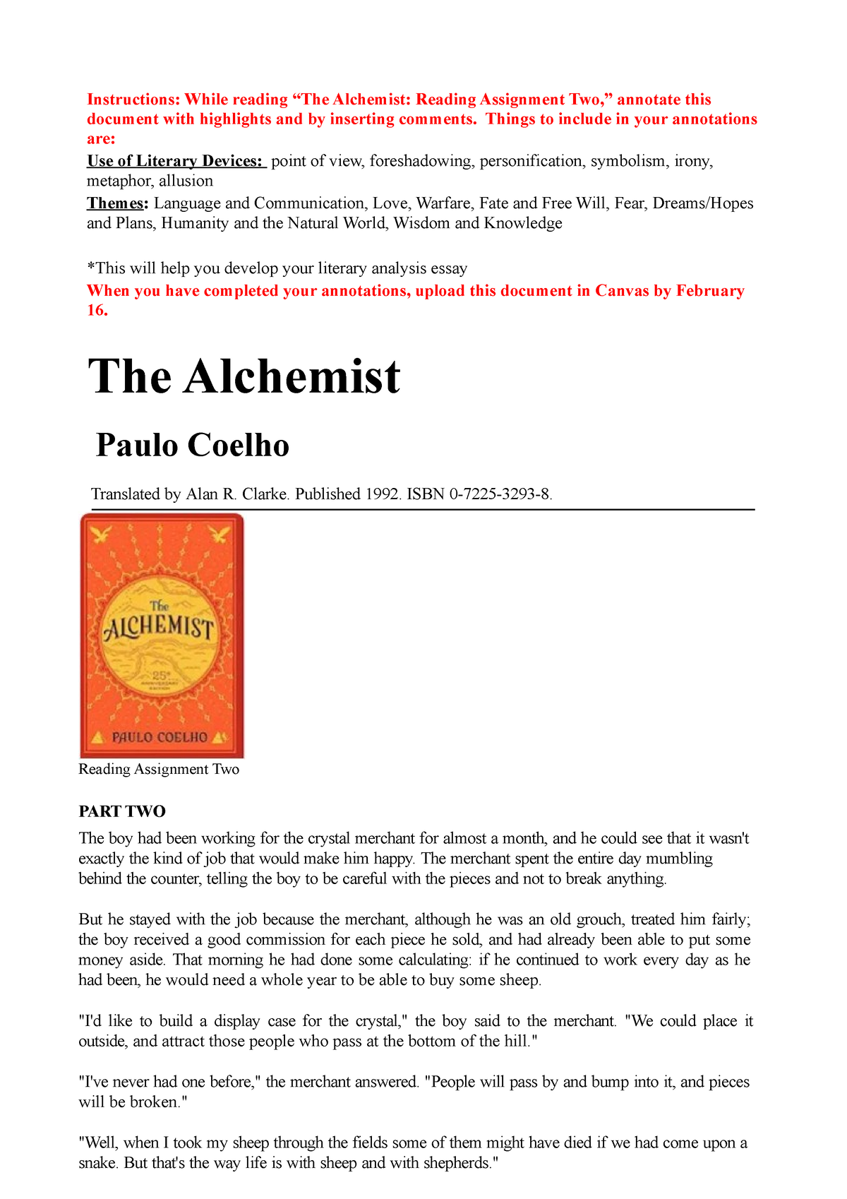 the alchemist summer reading assignment answers