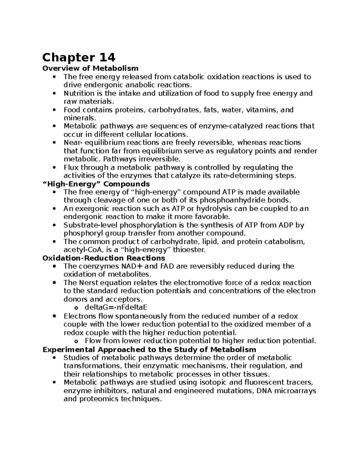 Biochem Review Summaries - Chapter 14 Overview of Metabolism The free ...