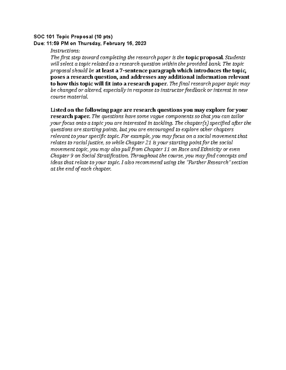 SOC 101 Topic Proposal - SOC 101 Topic Proposal (10 pts) Due: 11:59 PM ...