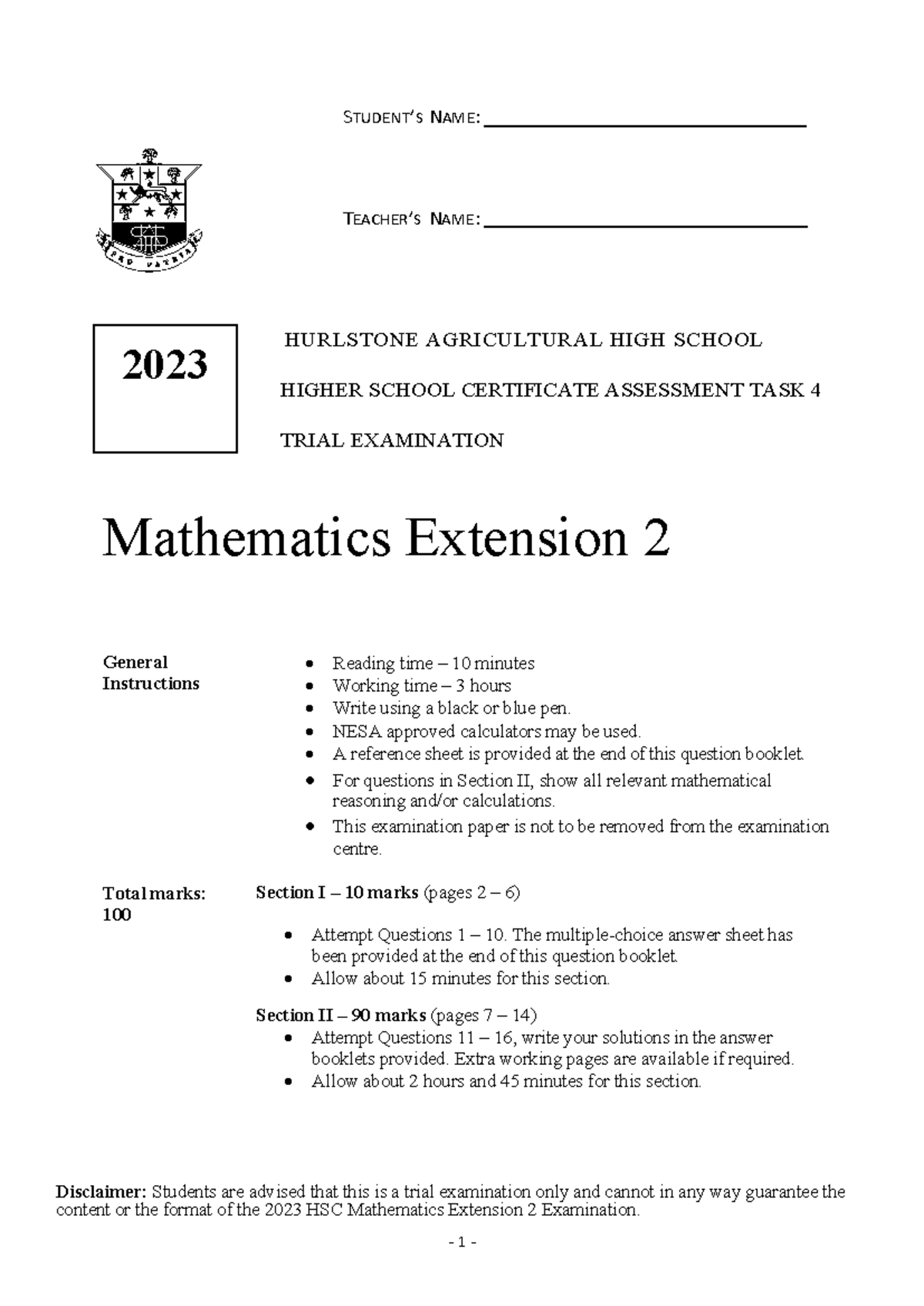 2023 Hurlstone Agricultural High School - X2 - Trial - S TUDENT ’S N ...