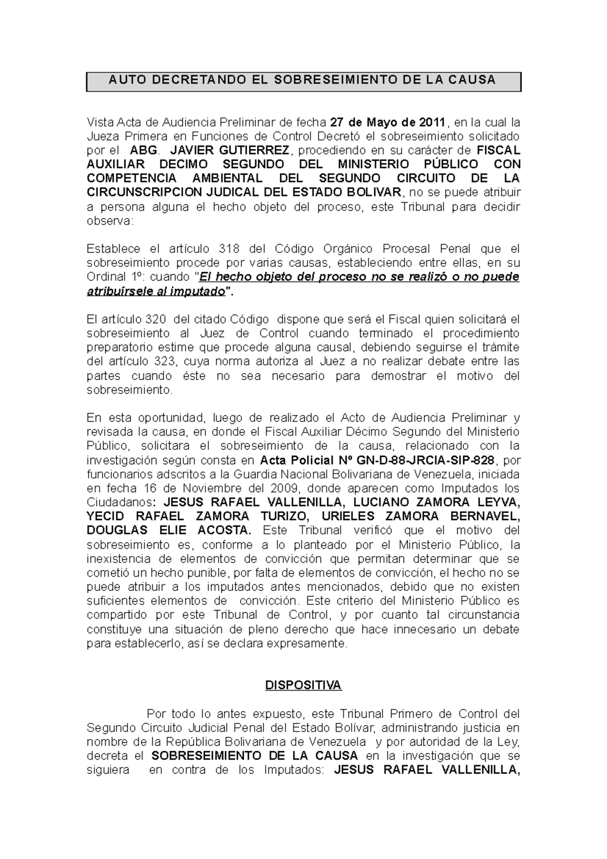 390521051 Auto decretando el sobreseimiento de la causa - AUTO ...
