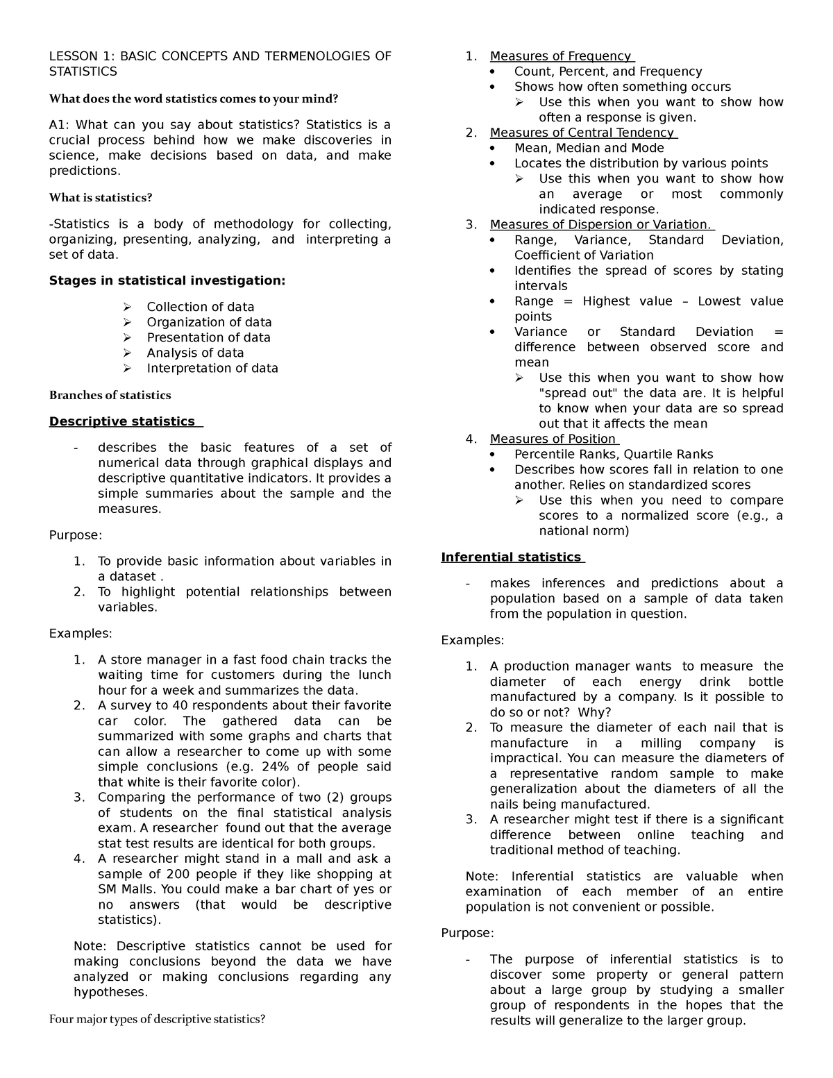 Lesson 1. Basic Concepts AND Termenologies OF Statistics - LESSON 1 ...