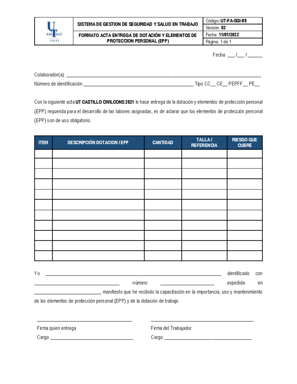 FA-SST-09. V02. ACTA DE Entrega DE Dotacion - SISTEMA DE GESTION DE ...