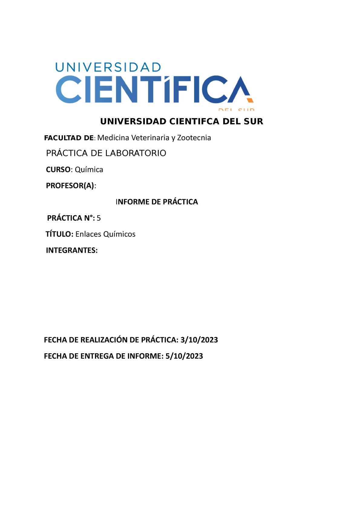 Informe 5 DE Laboratorio DE Quimica - UNIVERSIDAD CIENTIFCA DEL SUR ...