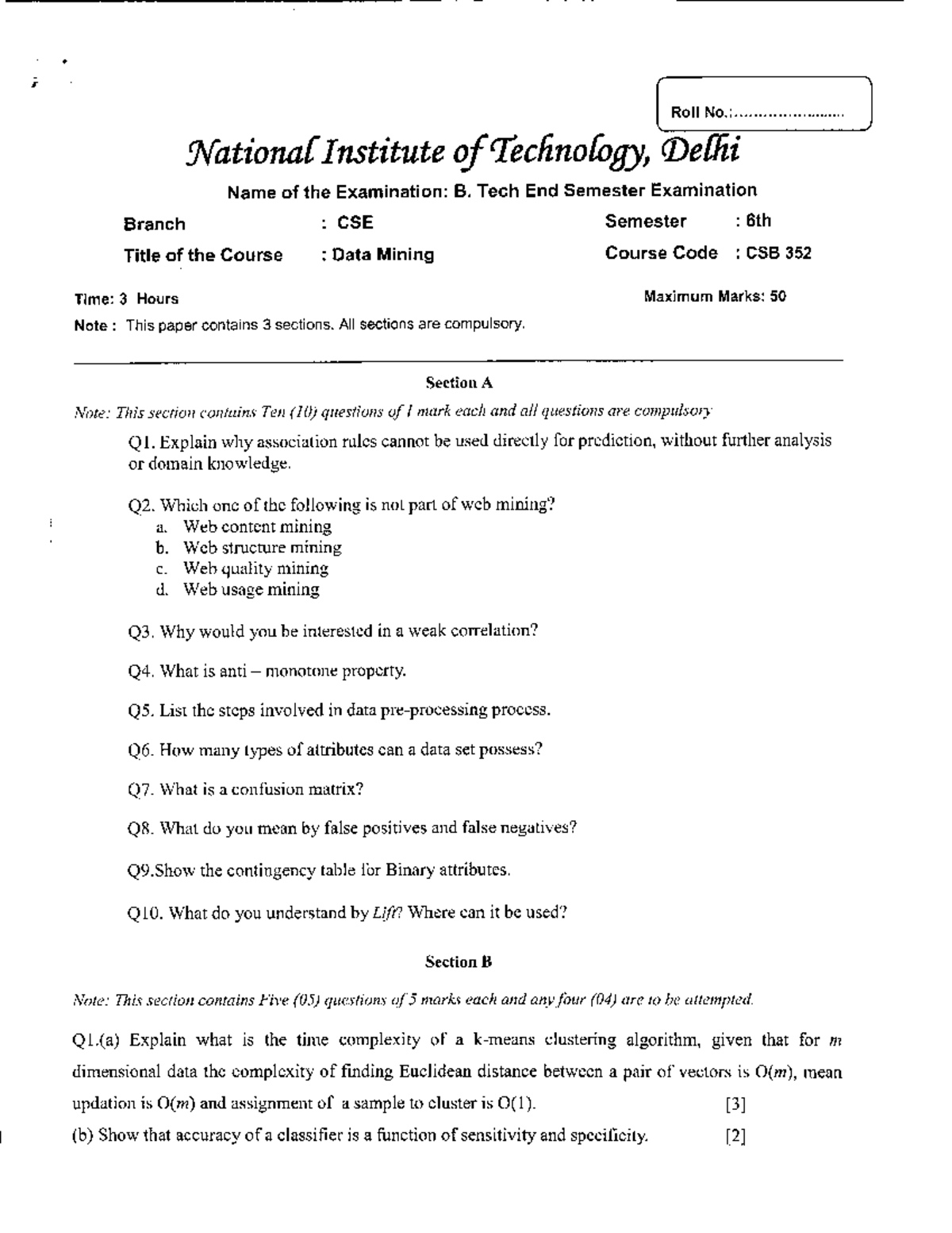 Dm - Question Paper - Roll No.: National Institute of Technology, Delhi ...