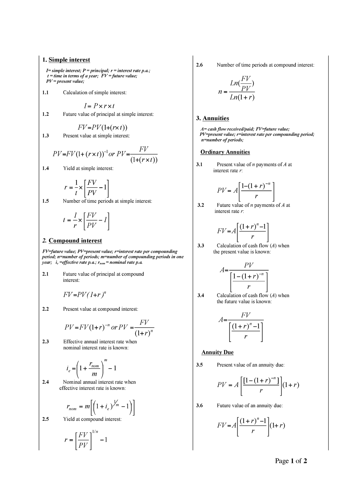 MAF101 - Formula Sheet - Page 1 of 2 1. Simple interest I= simple ...