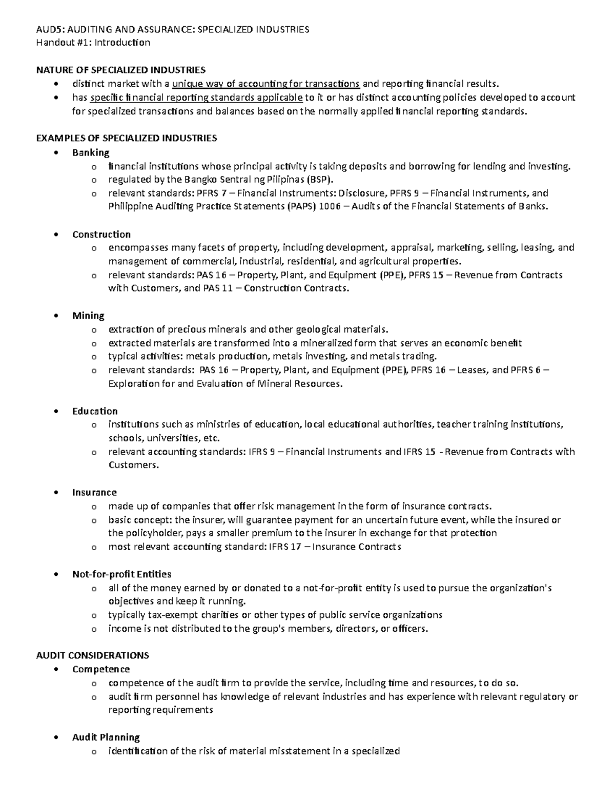 AUD5 Handout 1 Introduction - AUD5: AUDITING AND ASSURANCE: SPECIALIZED ...