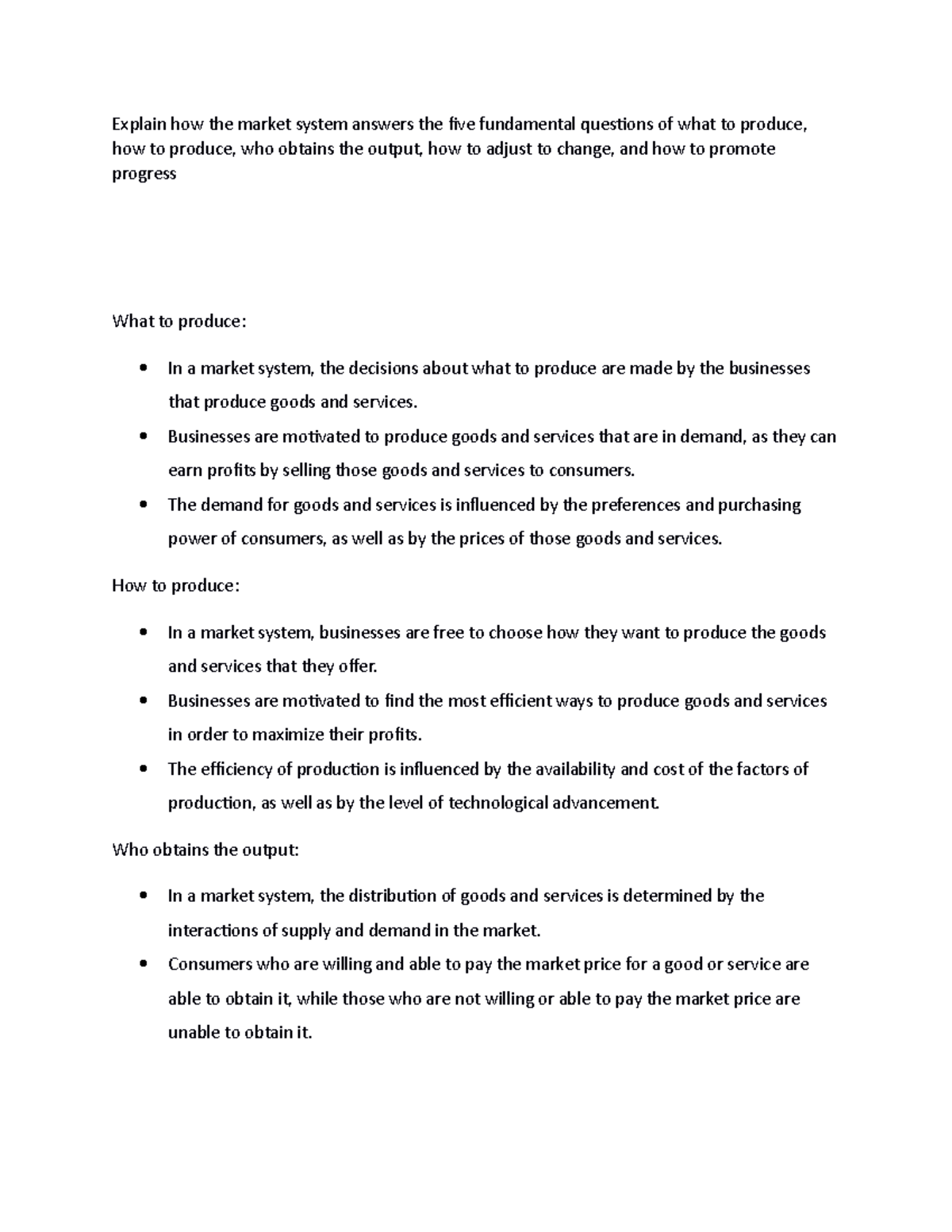 Explain how the market system answers the five fundamental questions of