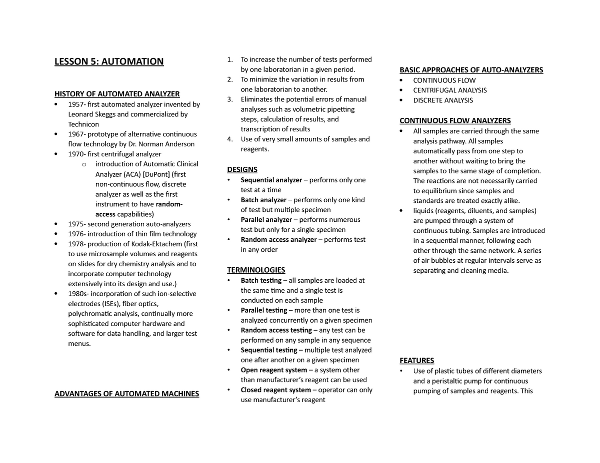 Chemistry- Lesson 5 - LESSON 5: AUTOMATION ADVANTAGES OF AUTOMATED ...