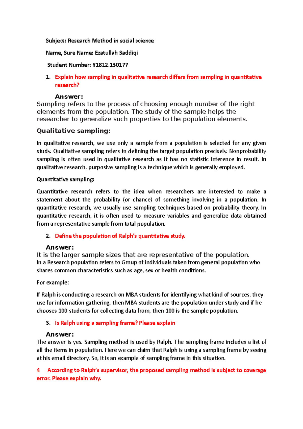 Ezatullah Saddiqi This Is For You Subject Research Method In Social Science Name Sure Name Studocu