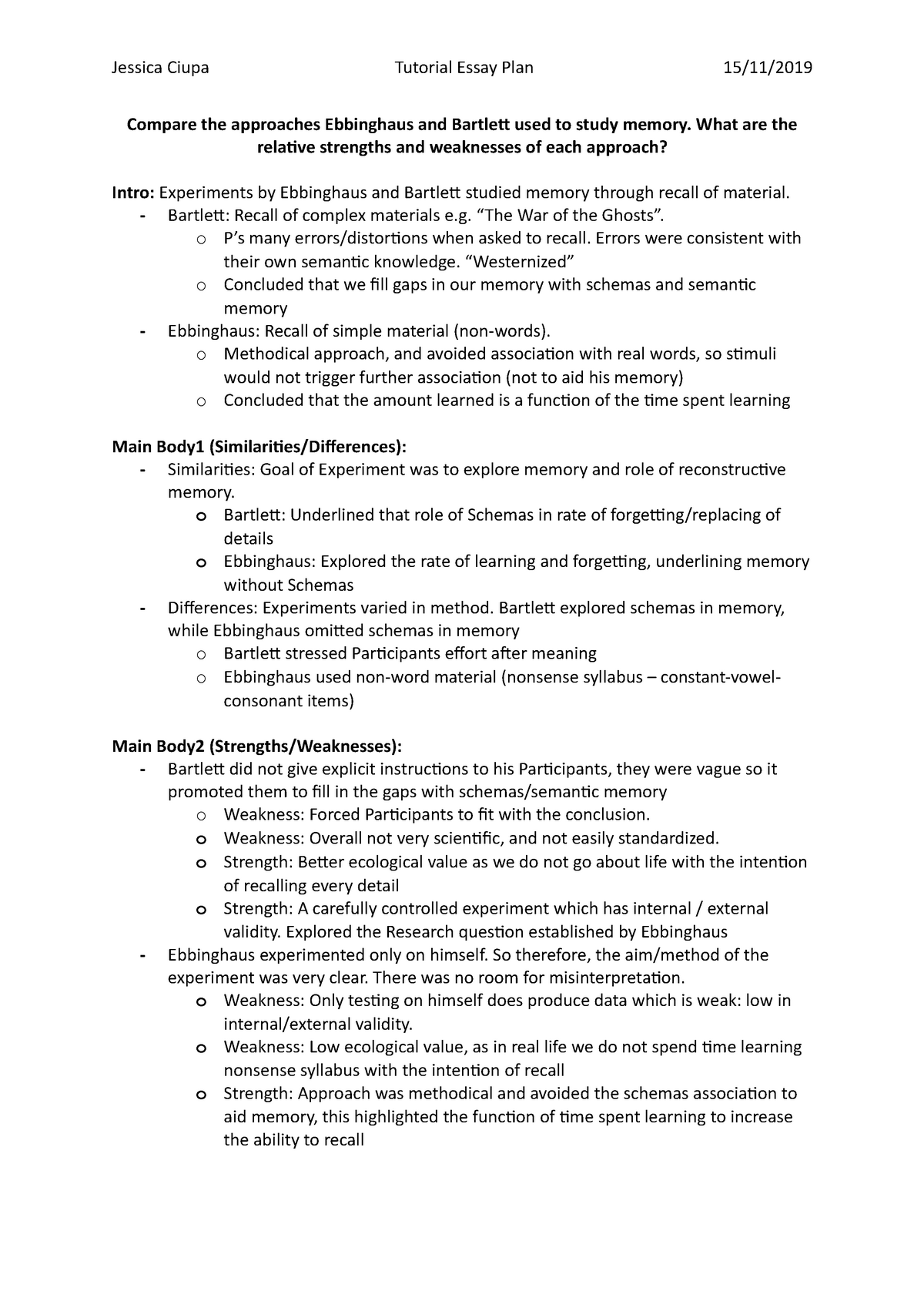 Ebbinghaus and Bartlett methods strength and weaknesses essay plan ...