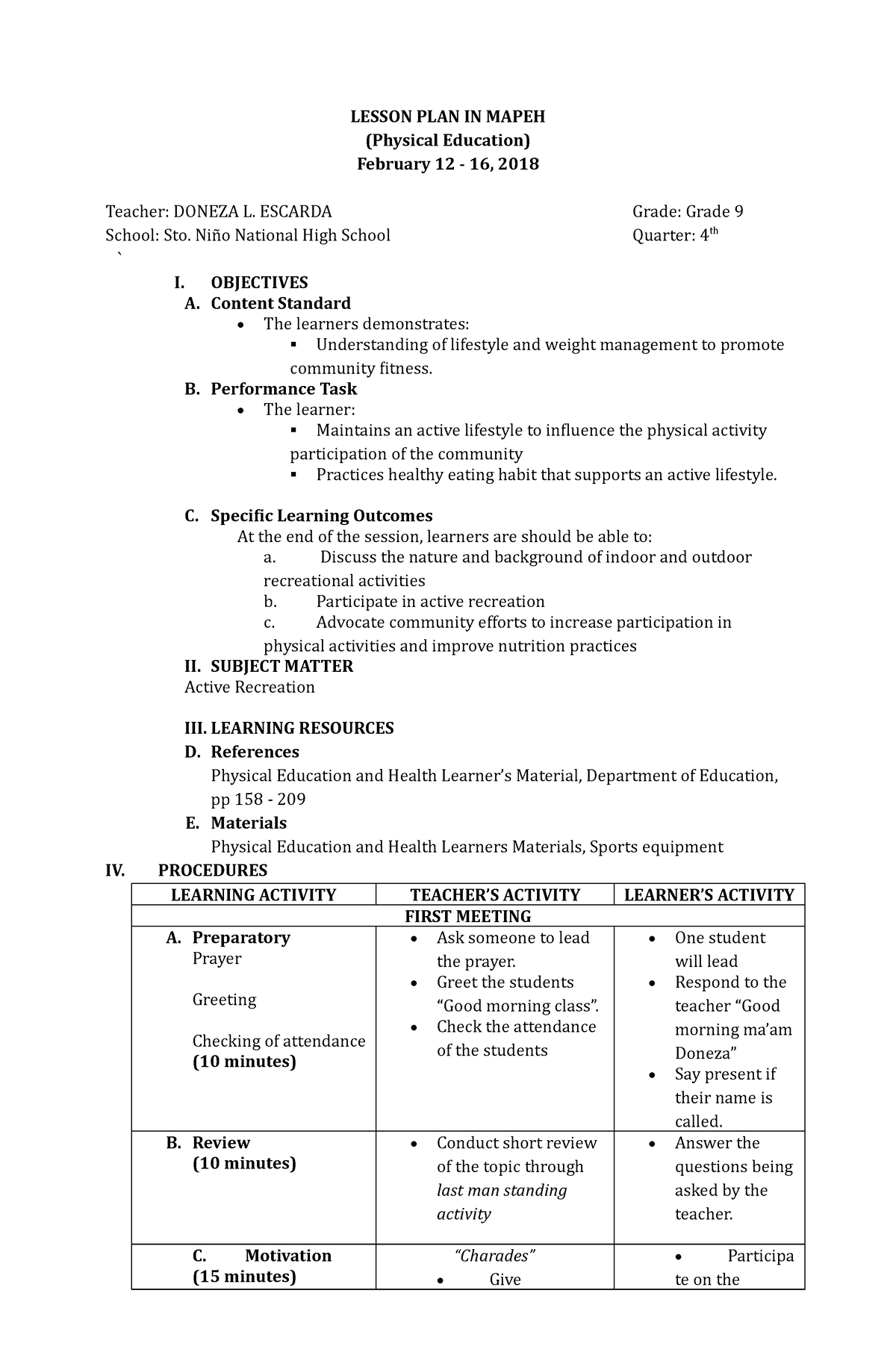 Scribd - svbfgbeg - LESSON PLAN IN MAPEH (Physical Education) February ...