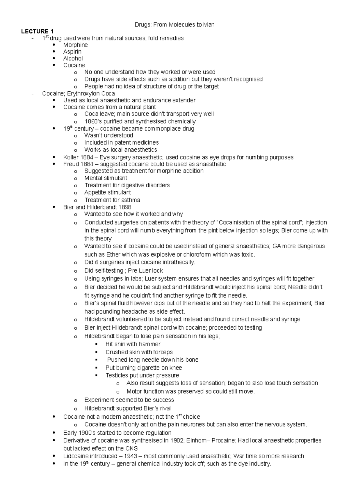 Drugs EXAM Notes Drugs From Molecules to Man LECTURE 1 1st drug