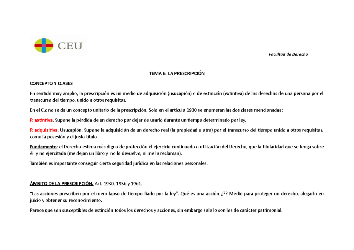 TEMA 6. Prescripción (derecho civil) - Facultad de Derecho TEMA 6. LA ...