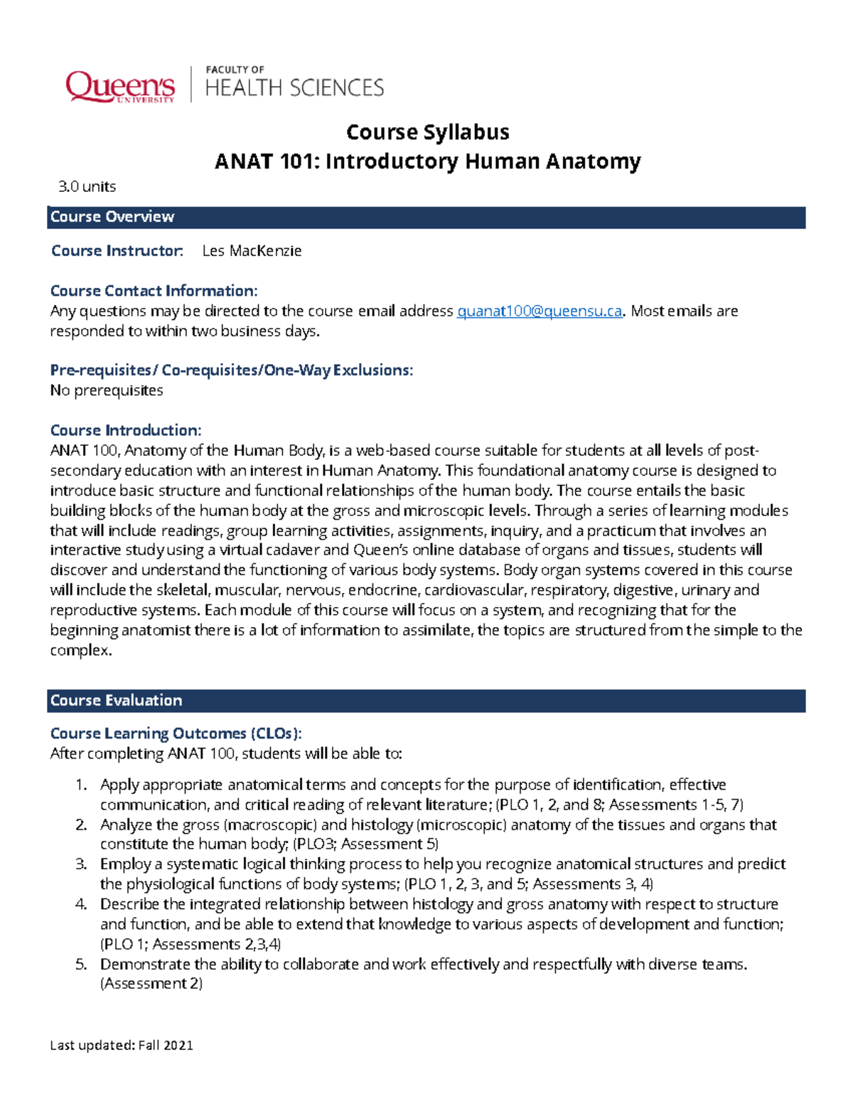 ANAT 101 Course Syllabus - Last updated: Fall 2021 Course Overview ...