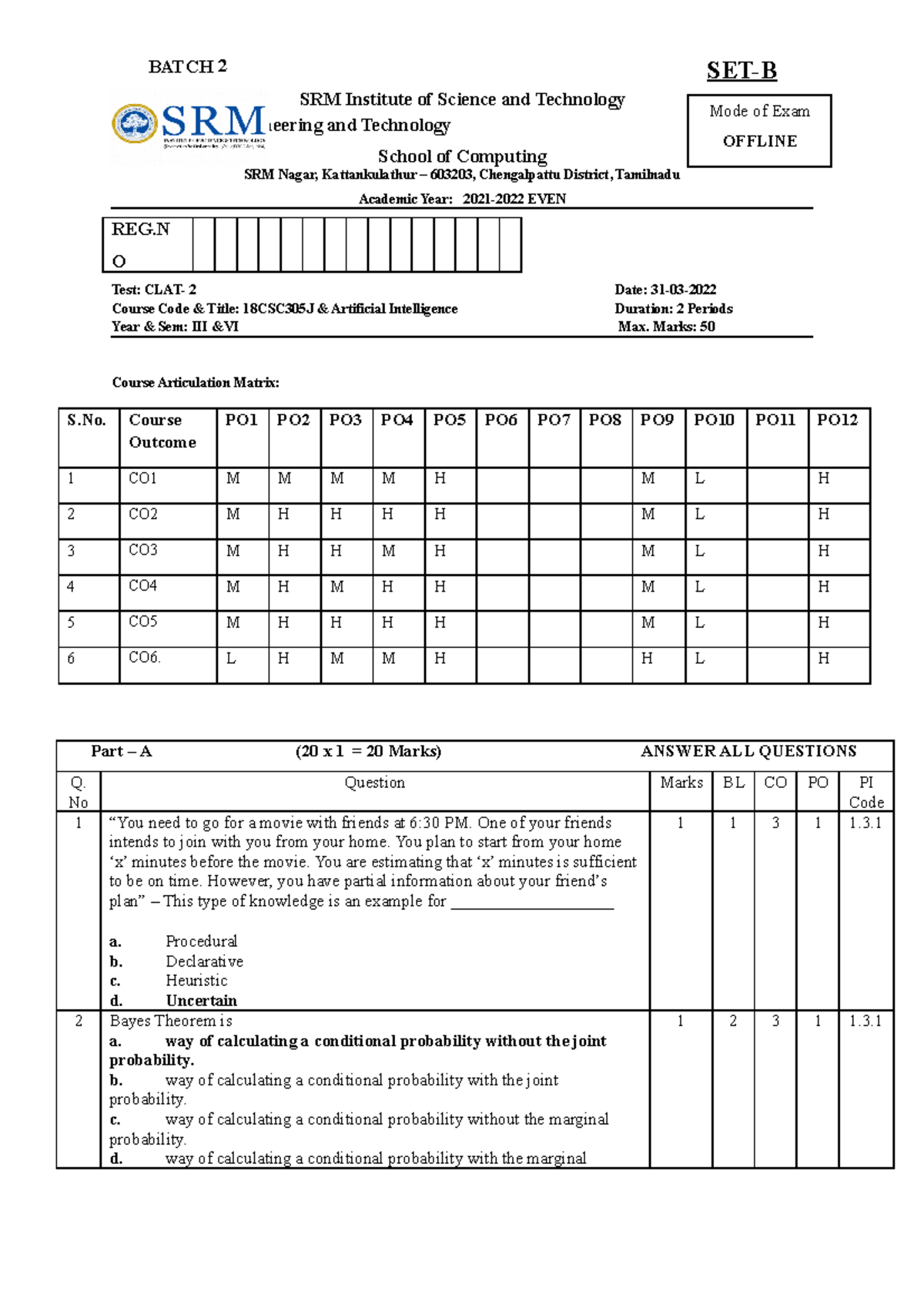 CT 2 Batch 2 set B (313)-Ans key - BATCH 2 SRM Institute of Science and ...