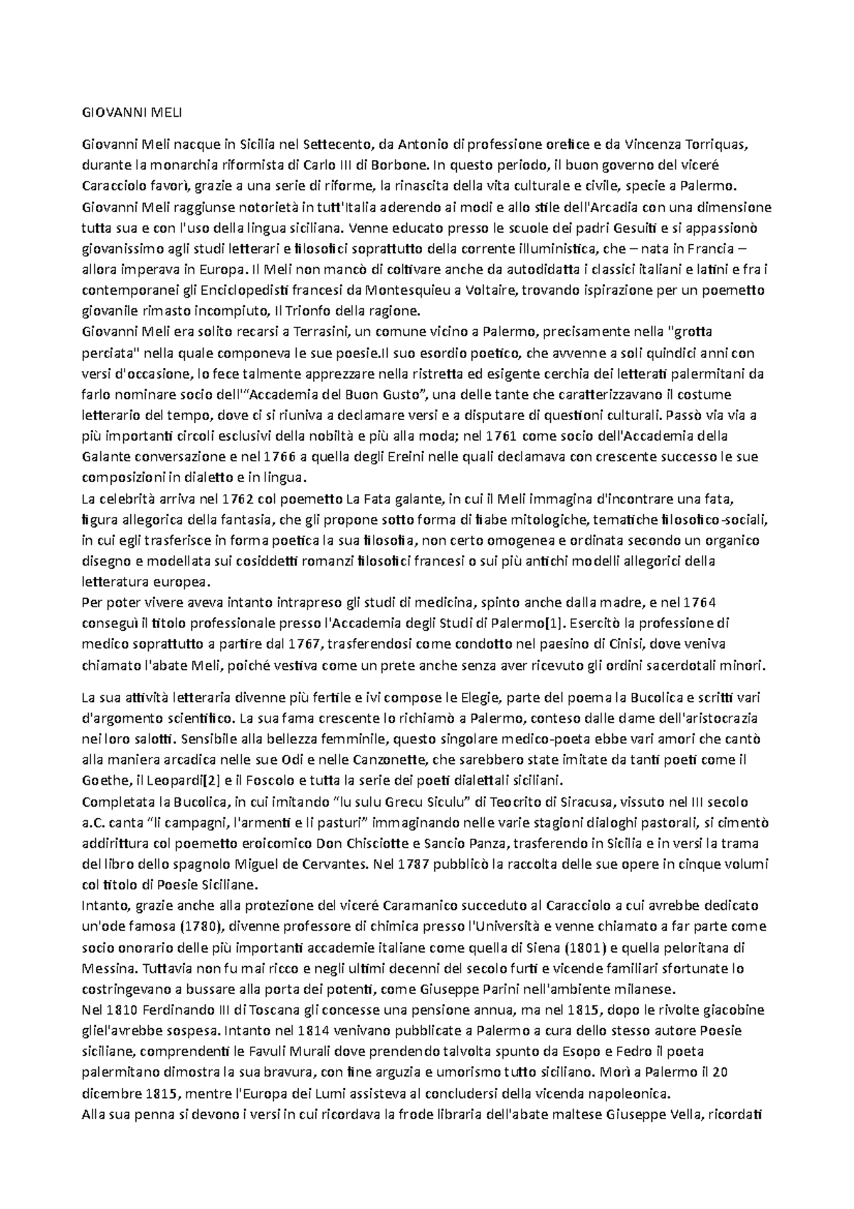 Giovanni meli GIOVANNI MELI Giovanni Meli nacque in Sicilia nel