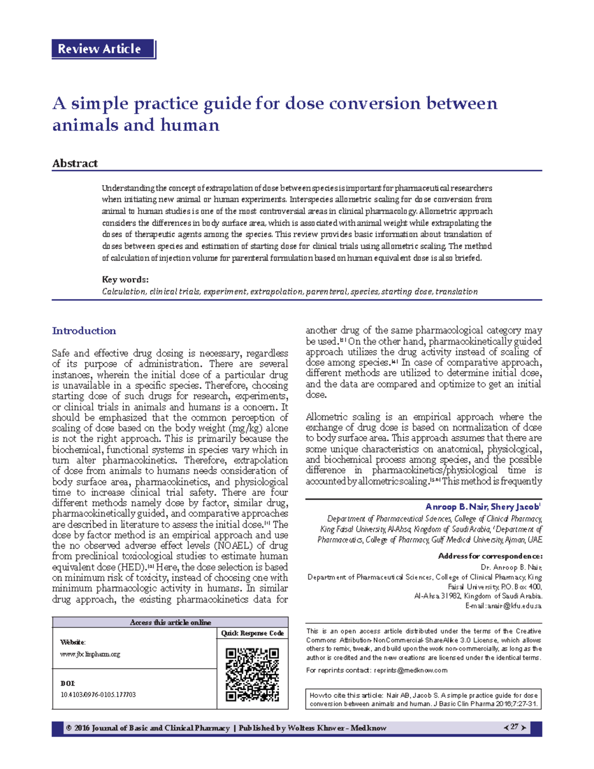 A simple practice guide for dose conversion between animal and human