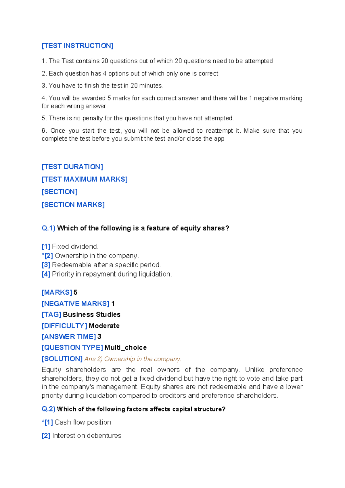 Business Finance Part 1 - [TEST INSTRUCTION] 1. The Test contains 20 ...
