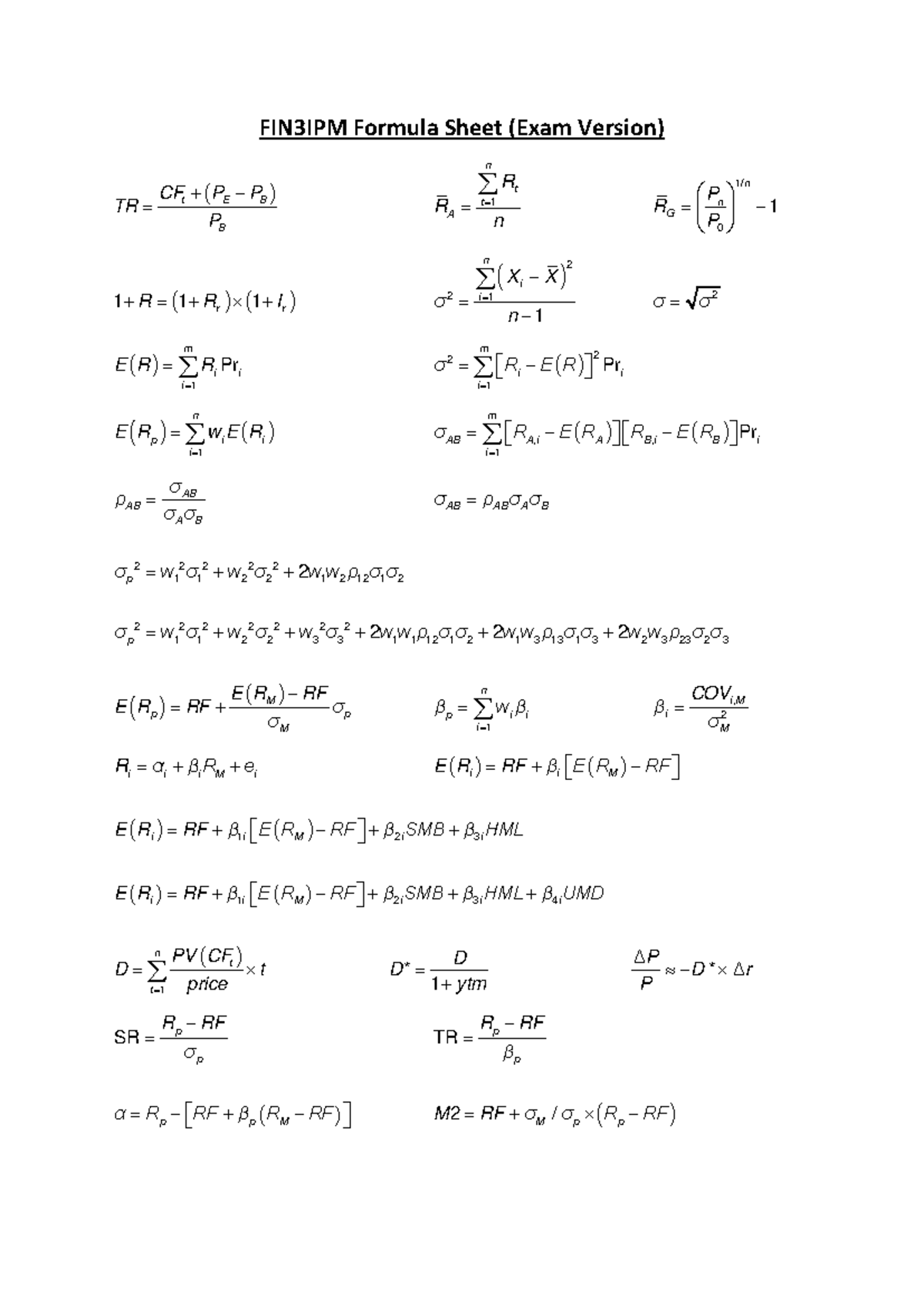 Formula Sheet - Exam version - FIN3IPM Formula Sheet (Exam Version) t ...