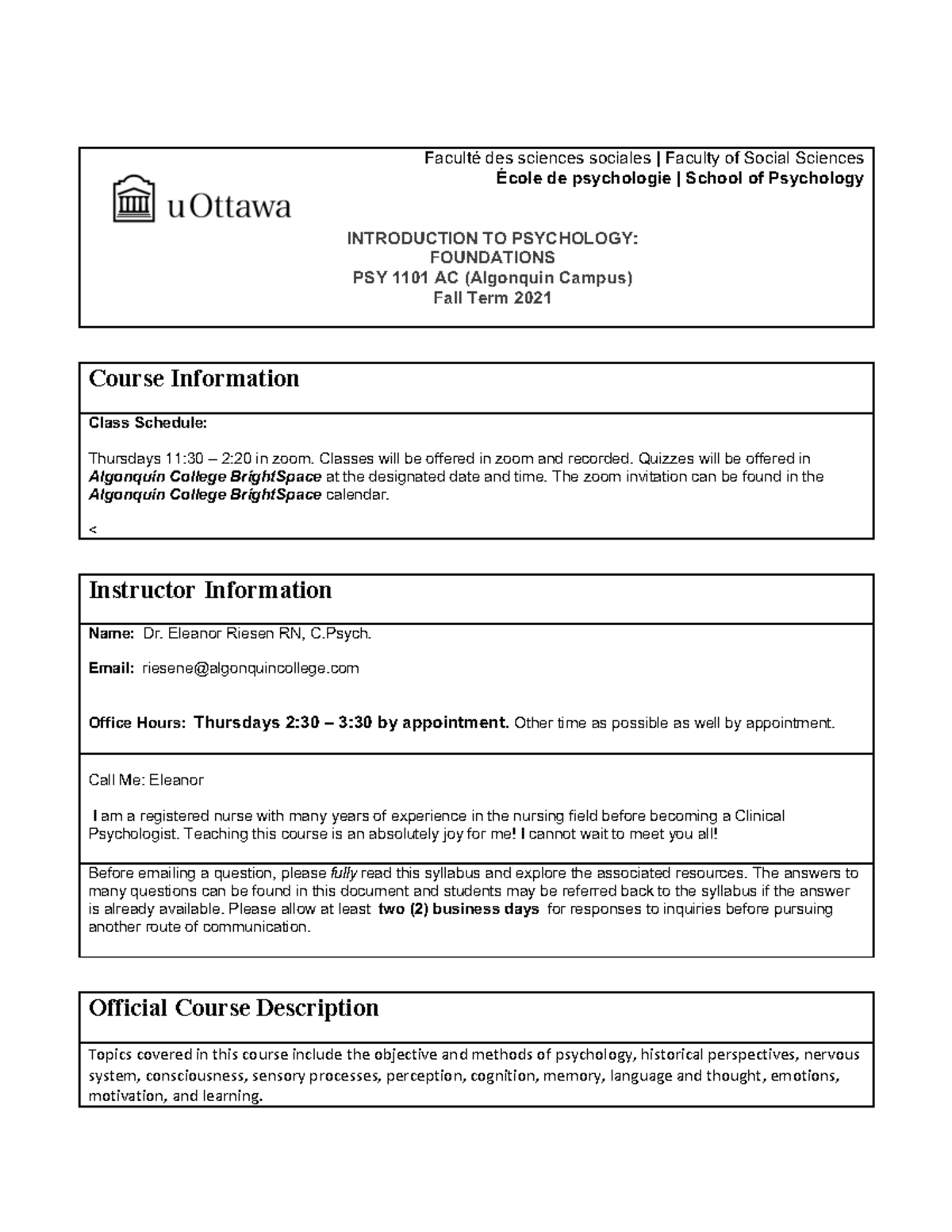 PSY1101 Course Outline 2021 Syllabus - Faculté Des Sciences Sociales ...