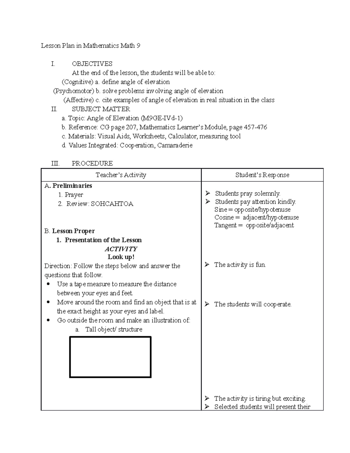 Lesson Plan in Angle of Elevation - Lesson Plan in Mathematics Math 9 I ...