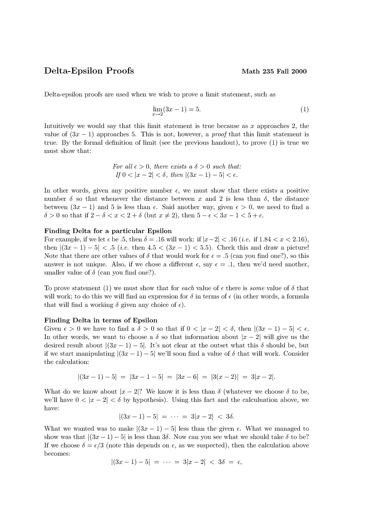 235epsilondelta - Best Notes - Delta-epsilon Proofs Math 235 Fall 2000 