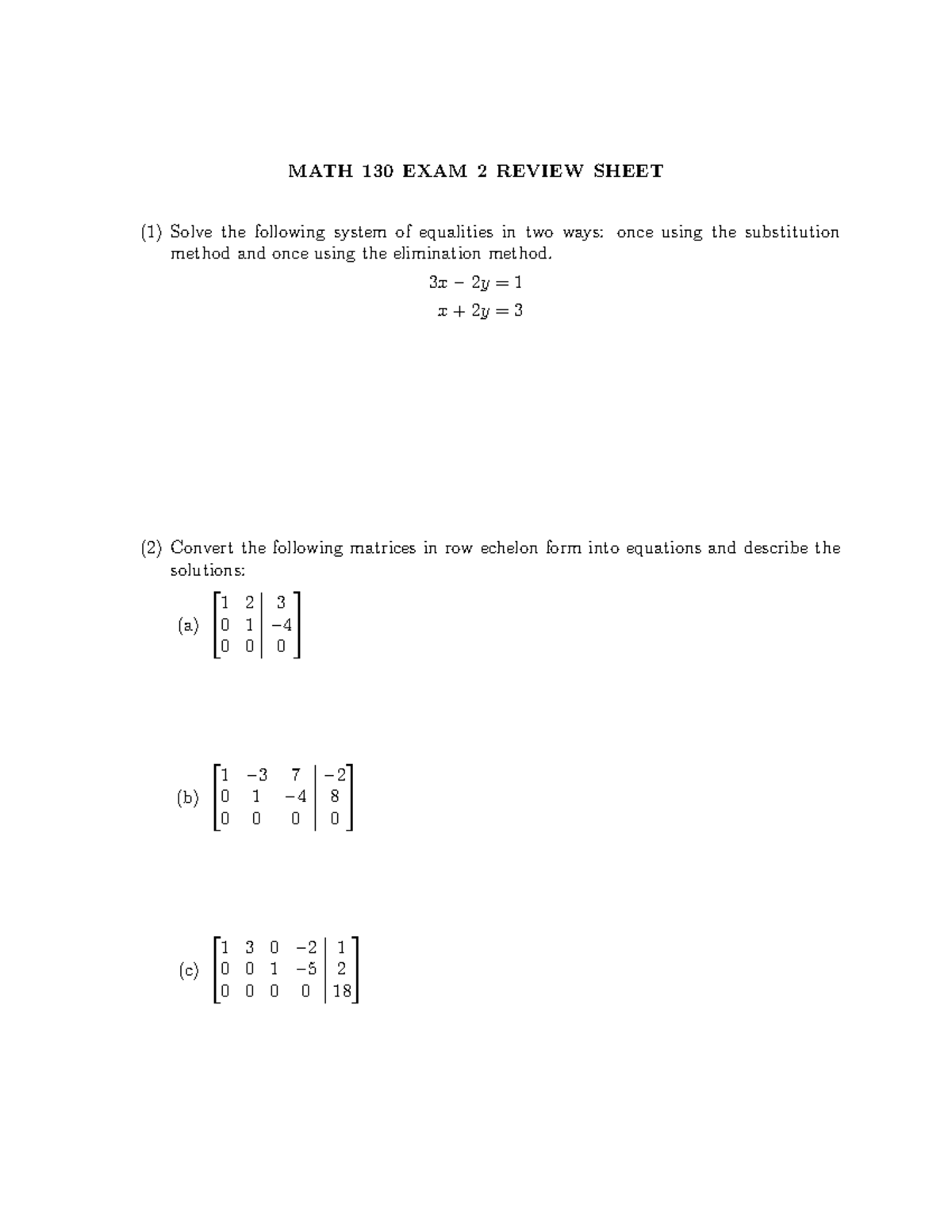 130Exam2Review Sheet - Exam Material Practice - MATH 130 EXAM 2 REVIEW ...