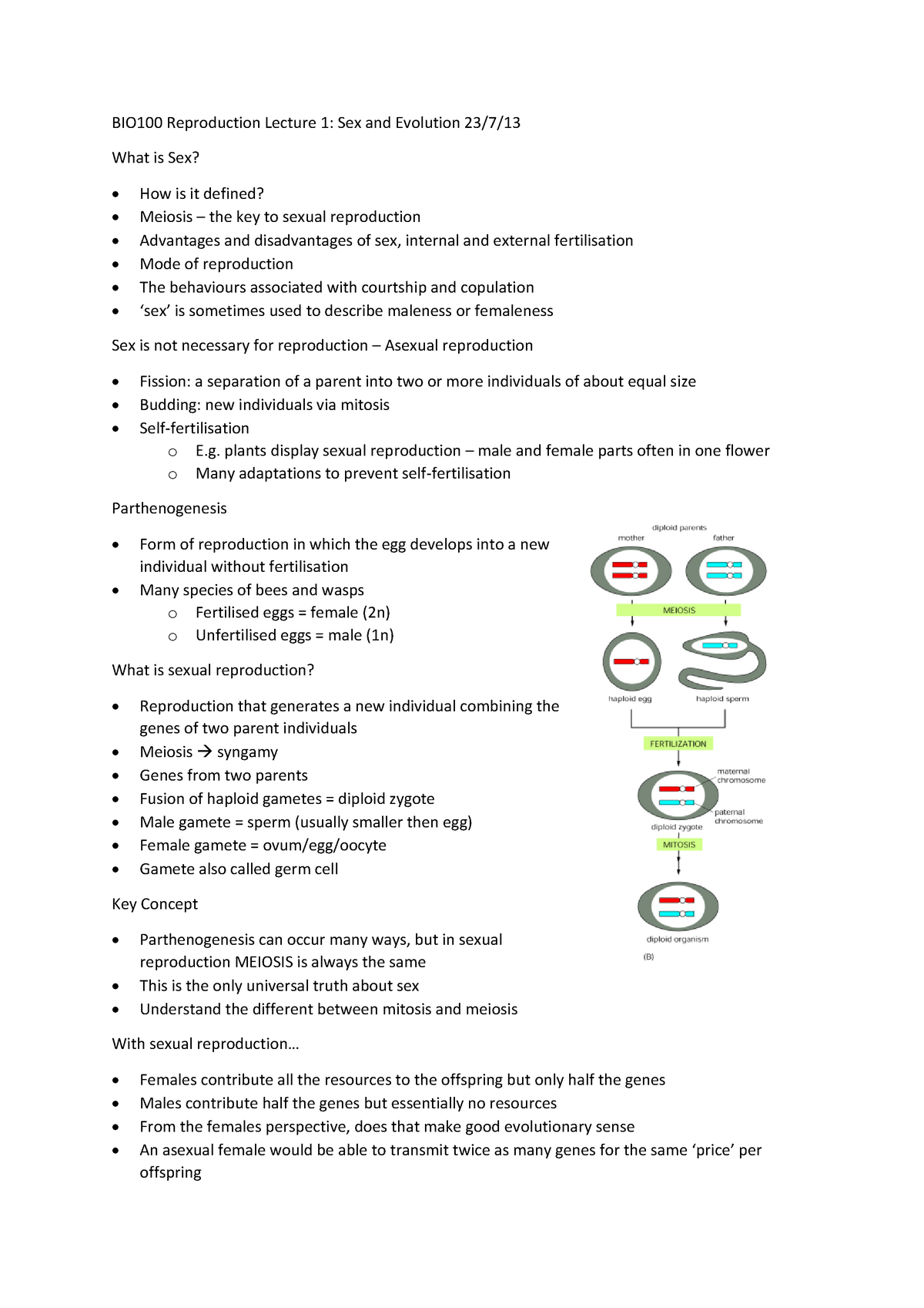 Lecture Notes Lectures 1 9 Reproduction Bio100 Reproduction Lecture 1 Sex And Evolution 23 4164