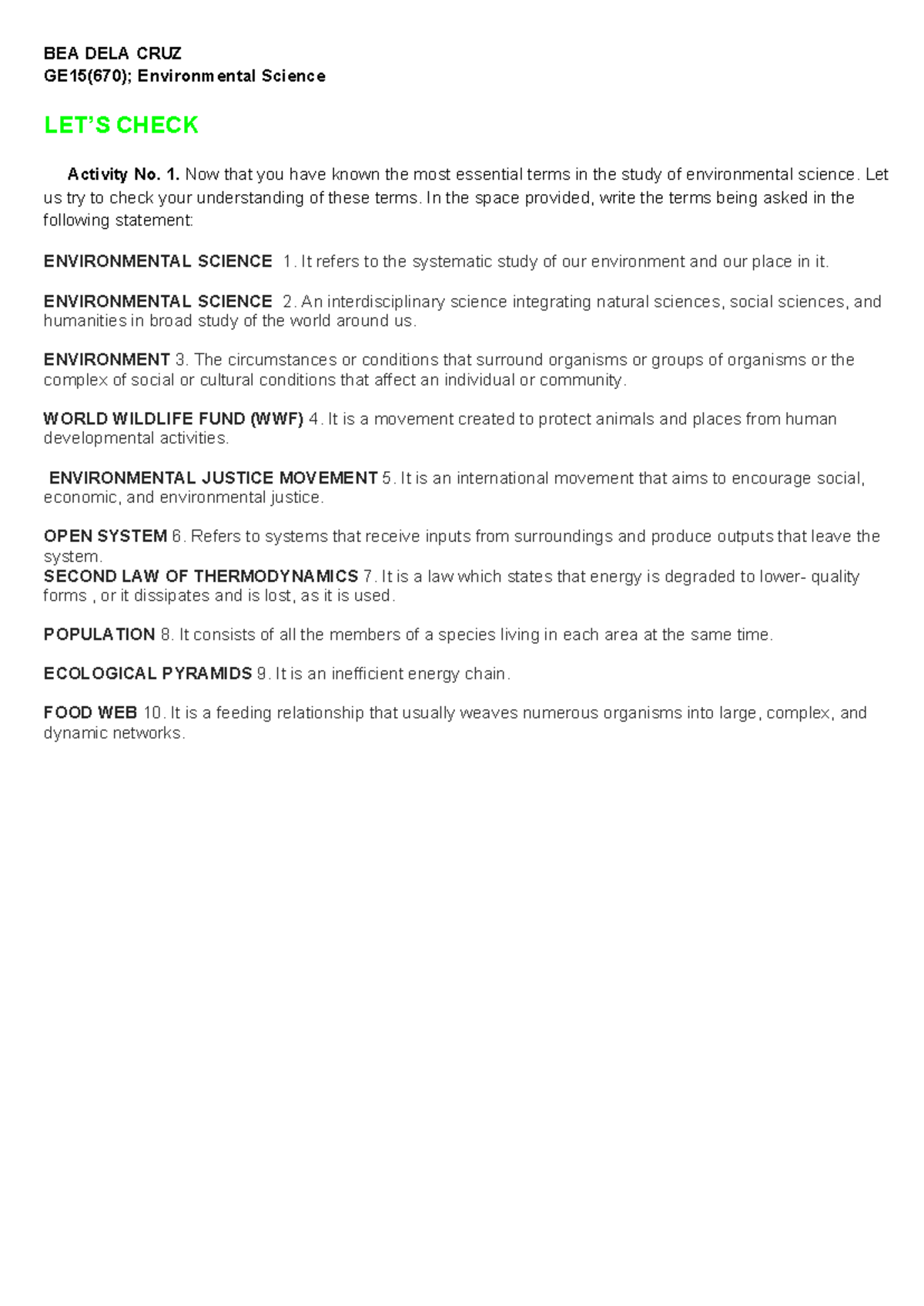 Environmental Science Assignment - BEA DELA CRUZ GE15(670 ...