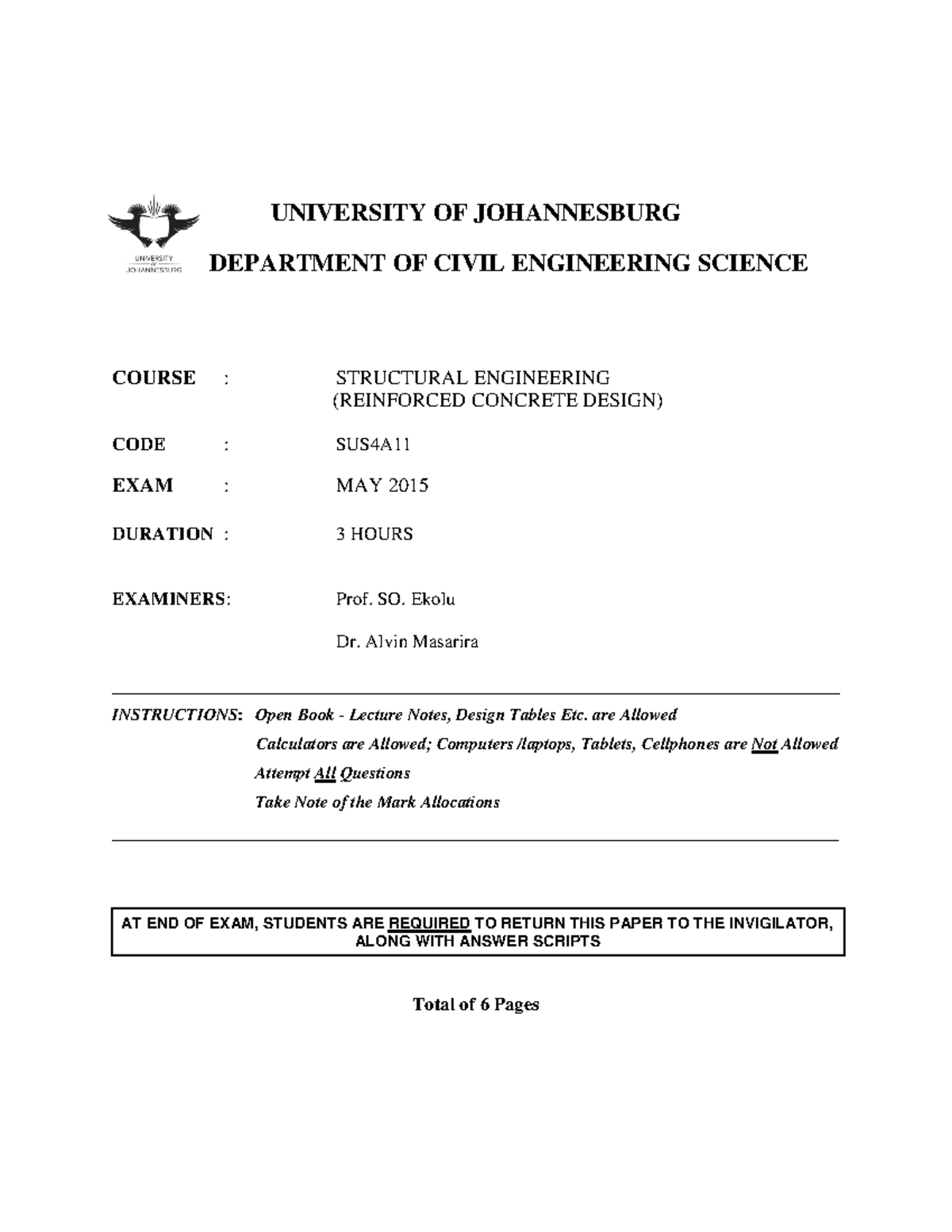 Exam May 2015, questions - UNIVERSITY OF JOHANNESBURG DEPARTMENT OF ...