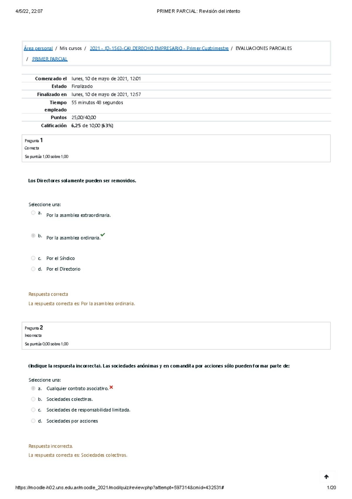 Primer Parcial Revisión Del Intento - Área Personal / Mis Cursos / 2021 ...