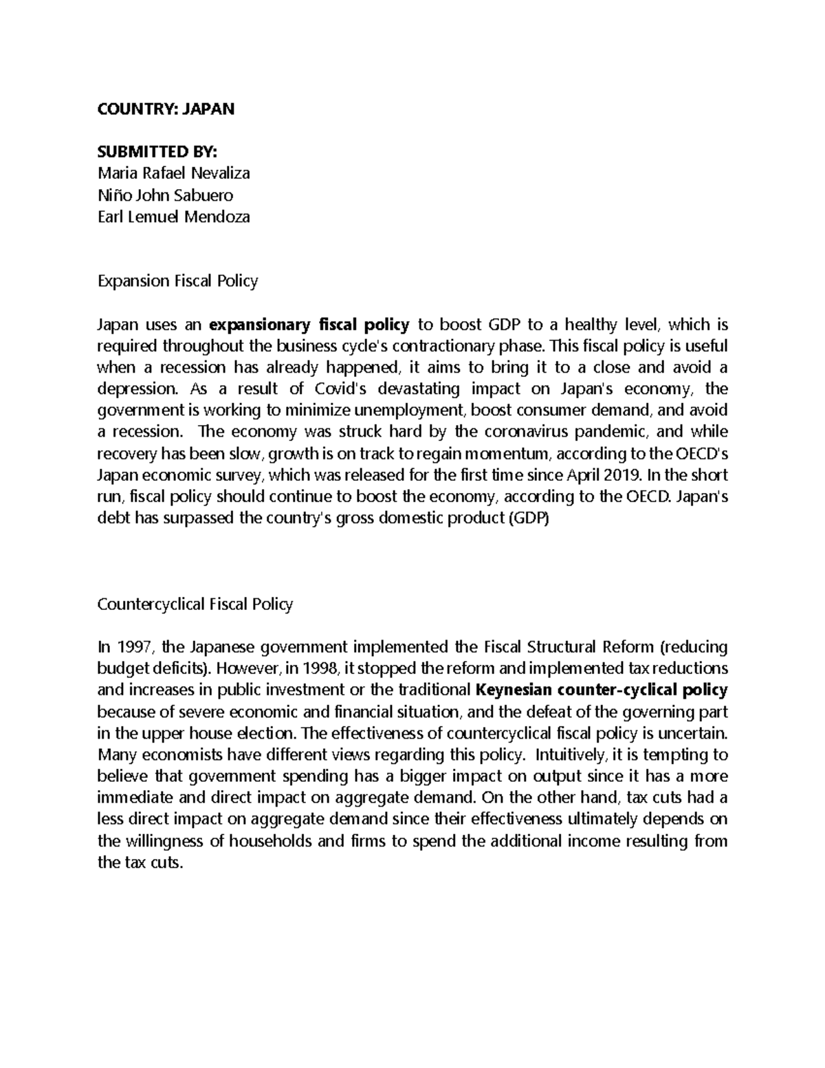 Fiscal Policy and Monetary Policy in Japan - COUNTRY: JAPAN SUBMITTED ...