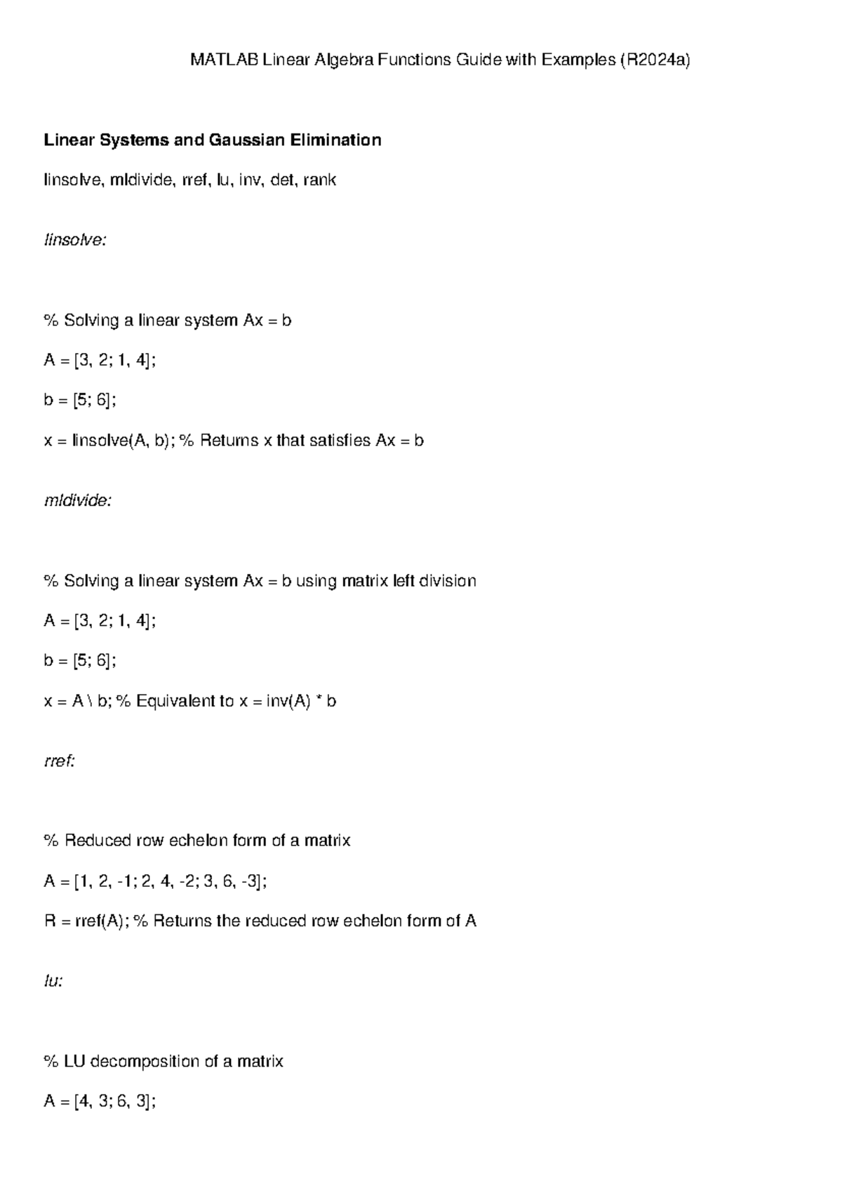 Matlab Linear Algebra Functions R2024a with Examples - MATLAB Linear ...