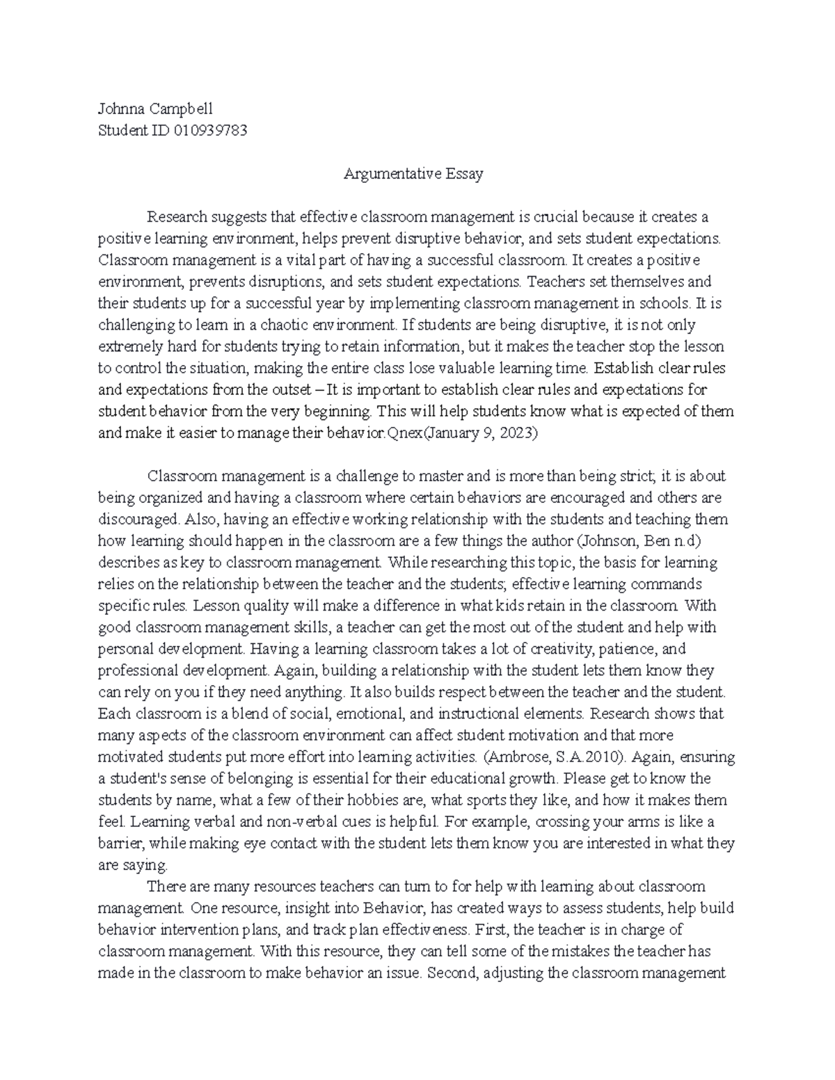 Argumentative Essay revised - Johnna Campbell Student ID 010939783 ...