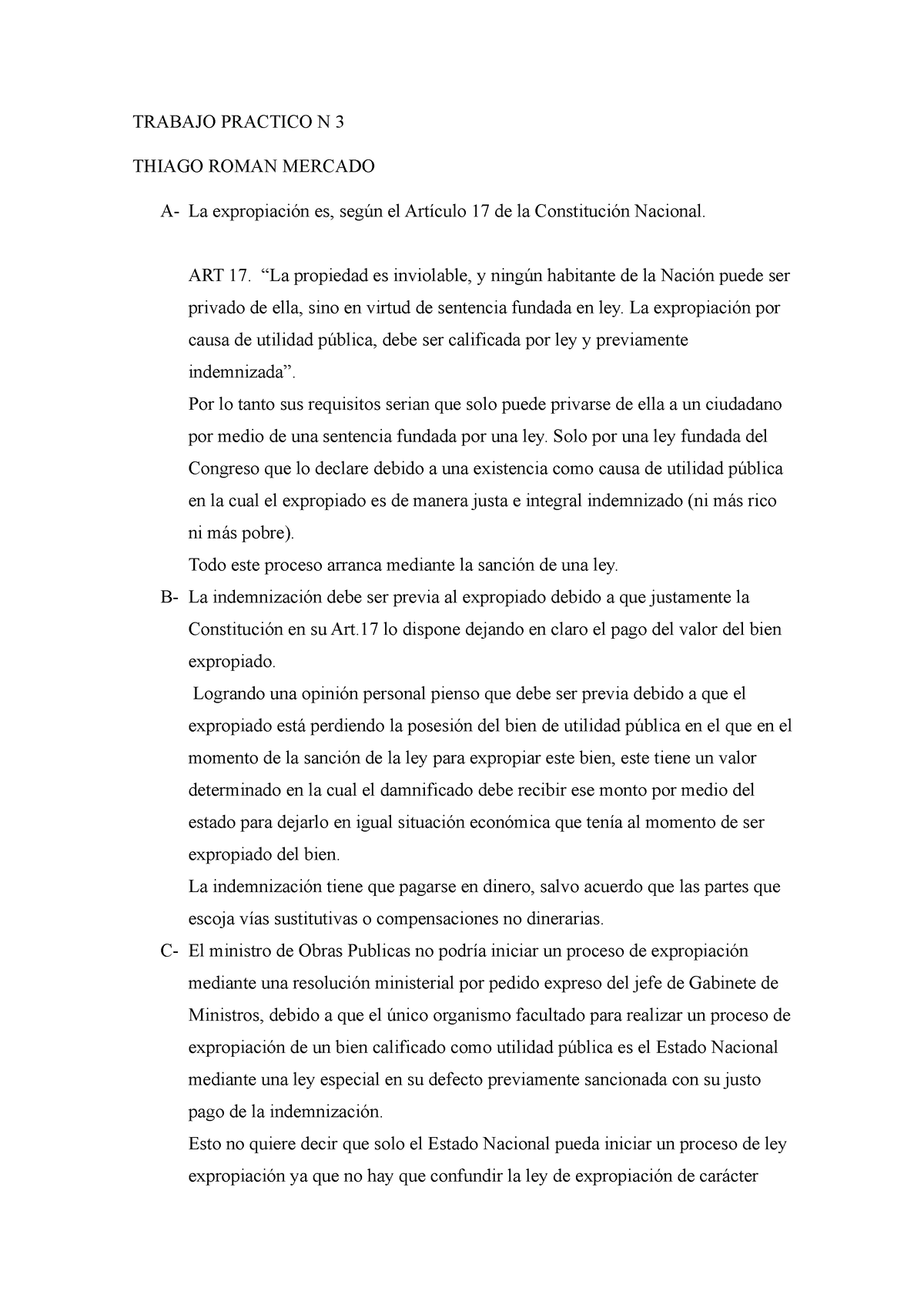 Trabajo Practico N 3 Derecho Constitucional Trabajo Practico N 3 Thiago Roman Mercado A La 2191